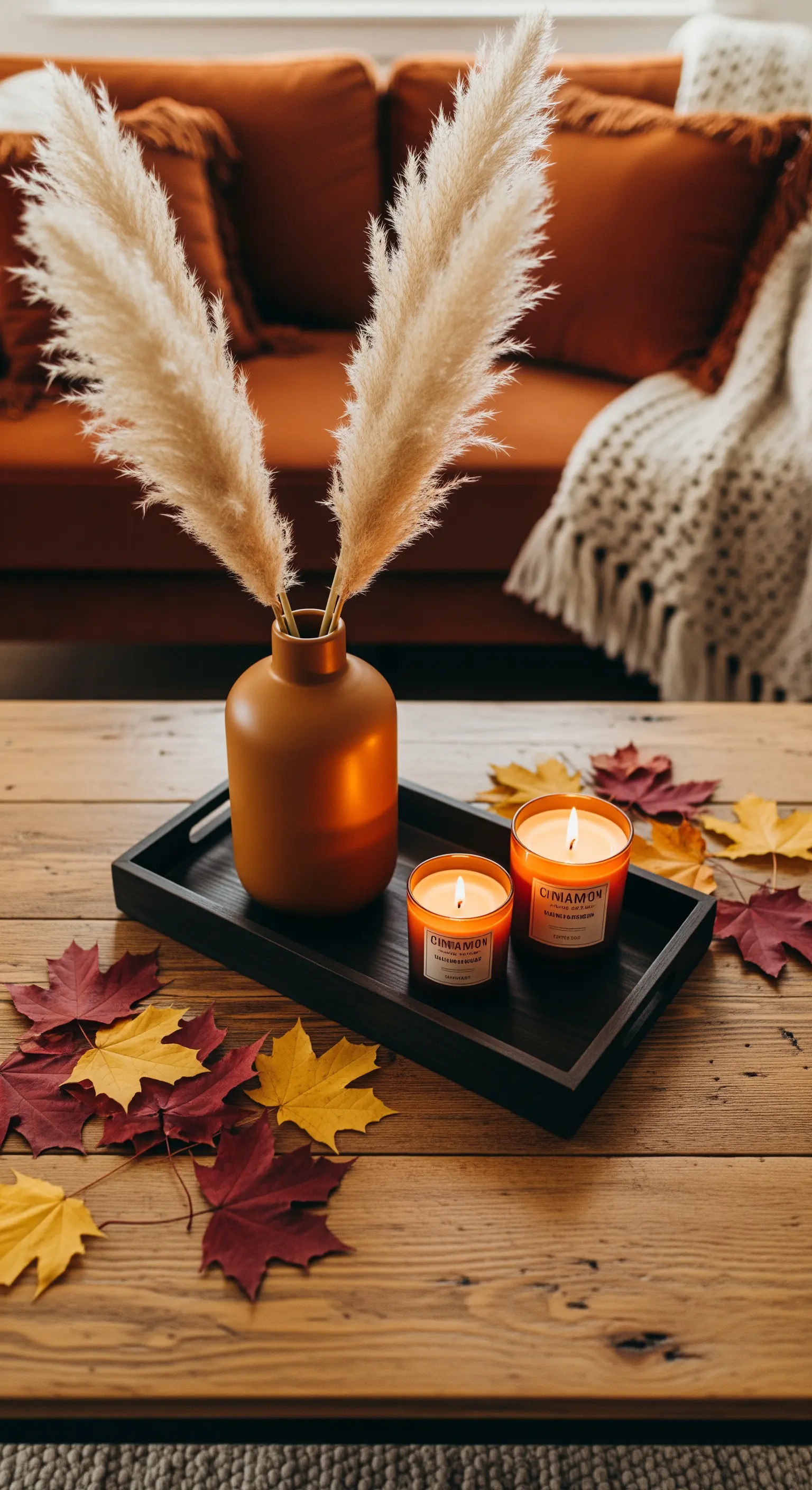 Herbst-Tablett mit Pampasgras, Duftkerzen, bunten Ahornblättern auf Holztisch.