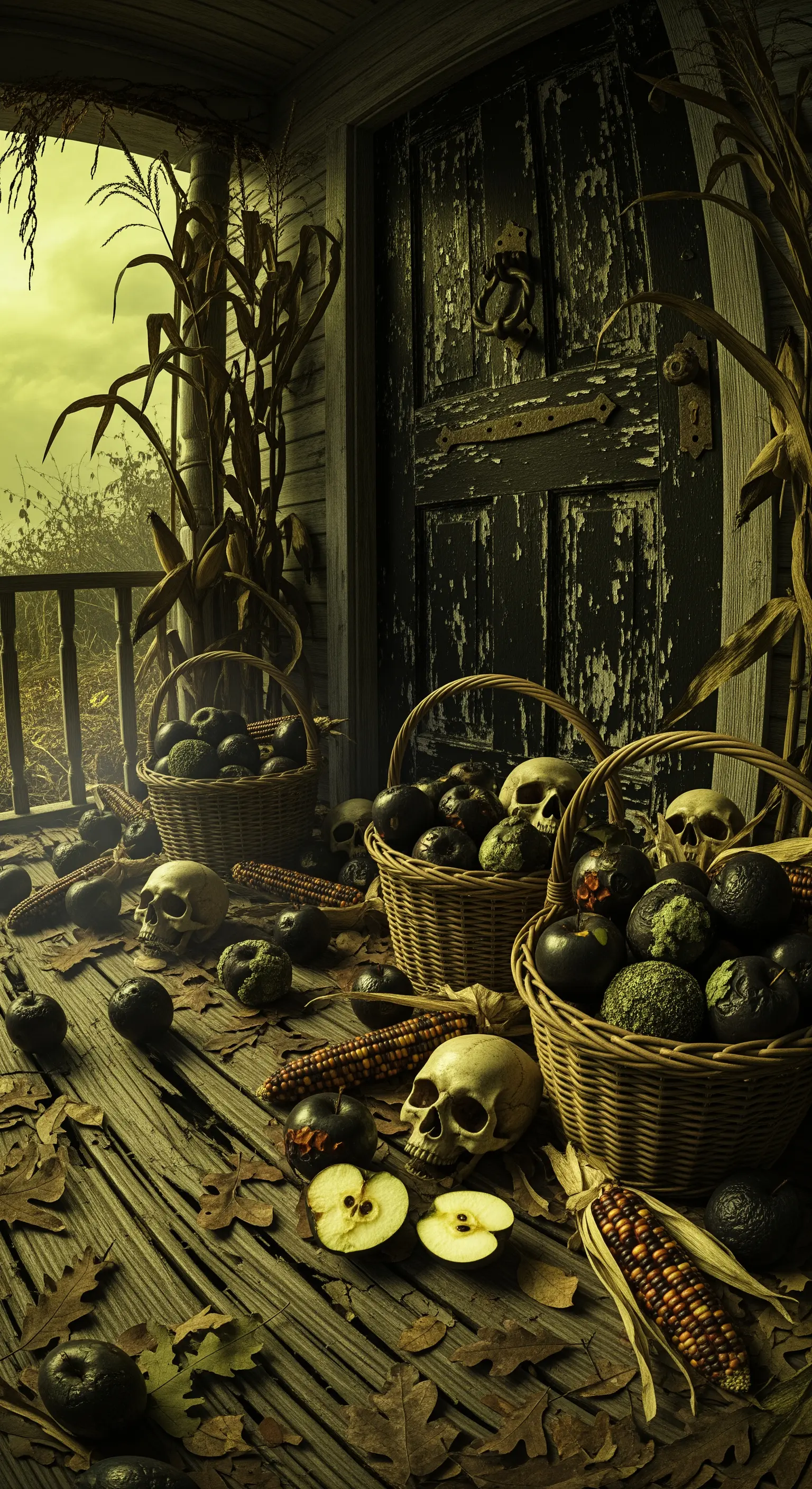 Veranda mit Körben voller Mais, dunkler Äpfel und Schädeln in herbstlicher, unheimlicher Stimmung.
