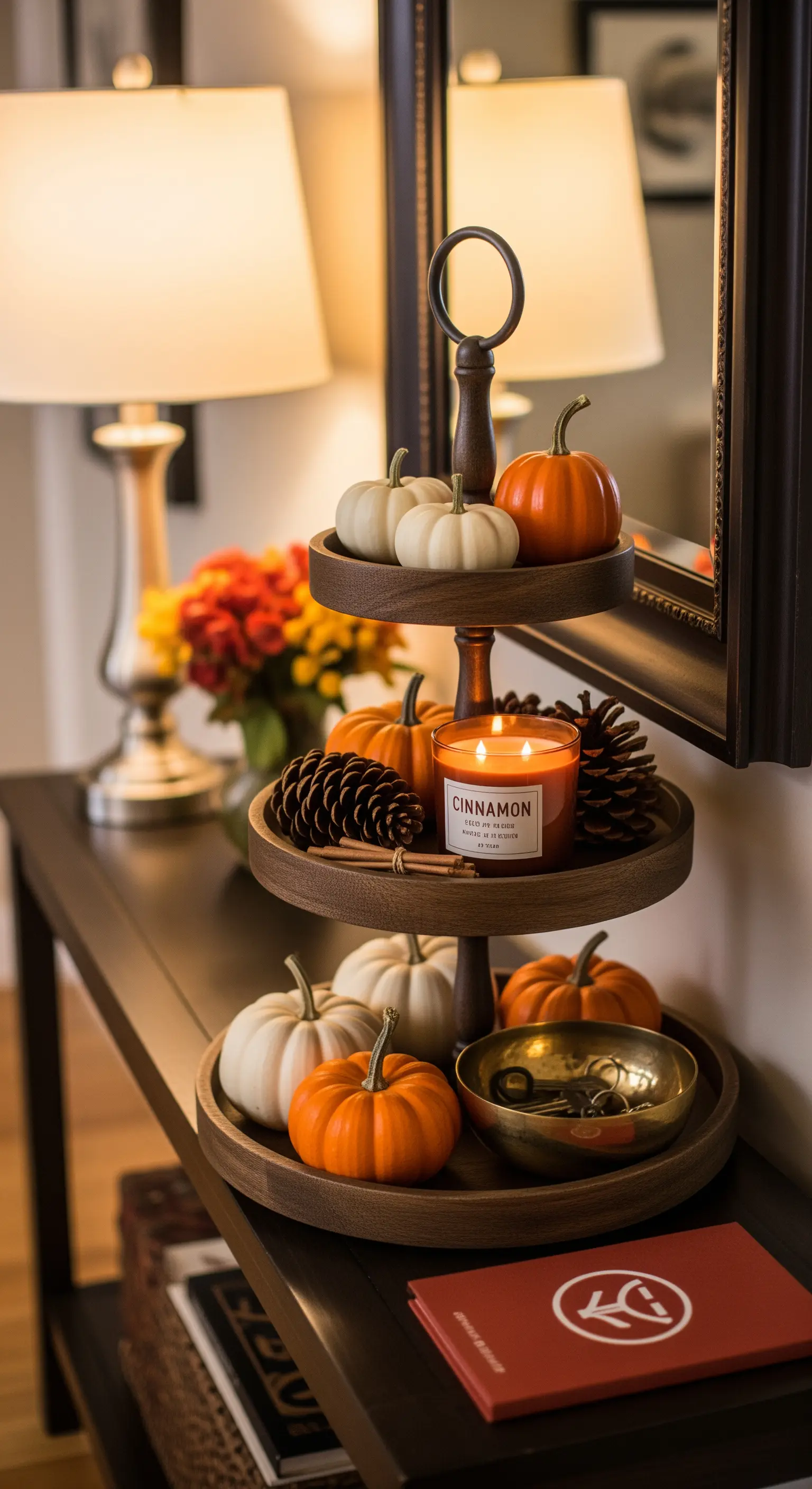 Dreistöckige Holz-Etagere mit Herbstdeko wie Kürbissen und Kerzen.