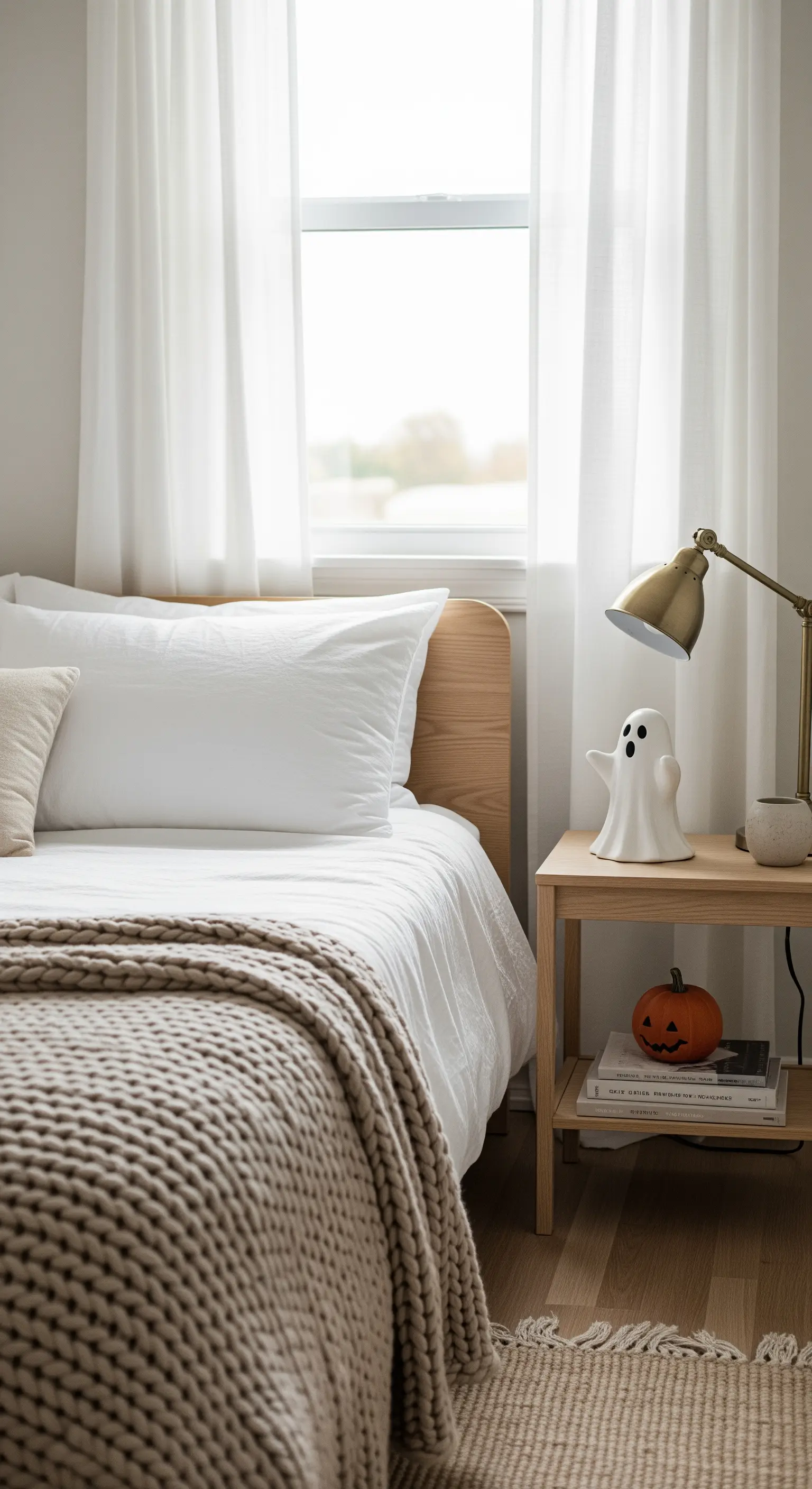 Nachttisch mit Geist-Figur, Kürbis und goldener Lampe