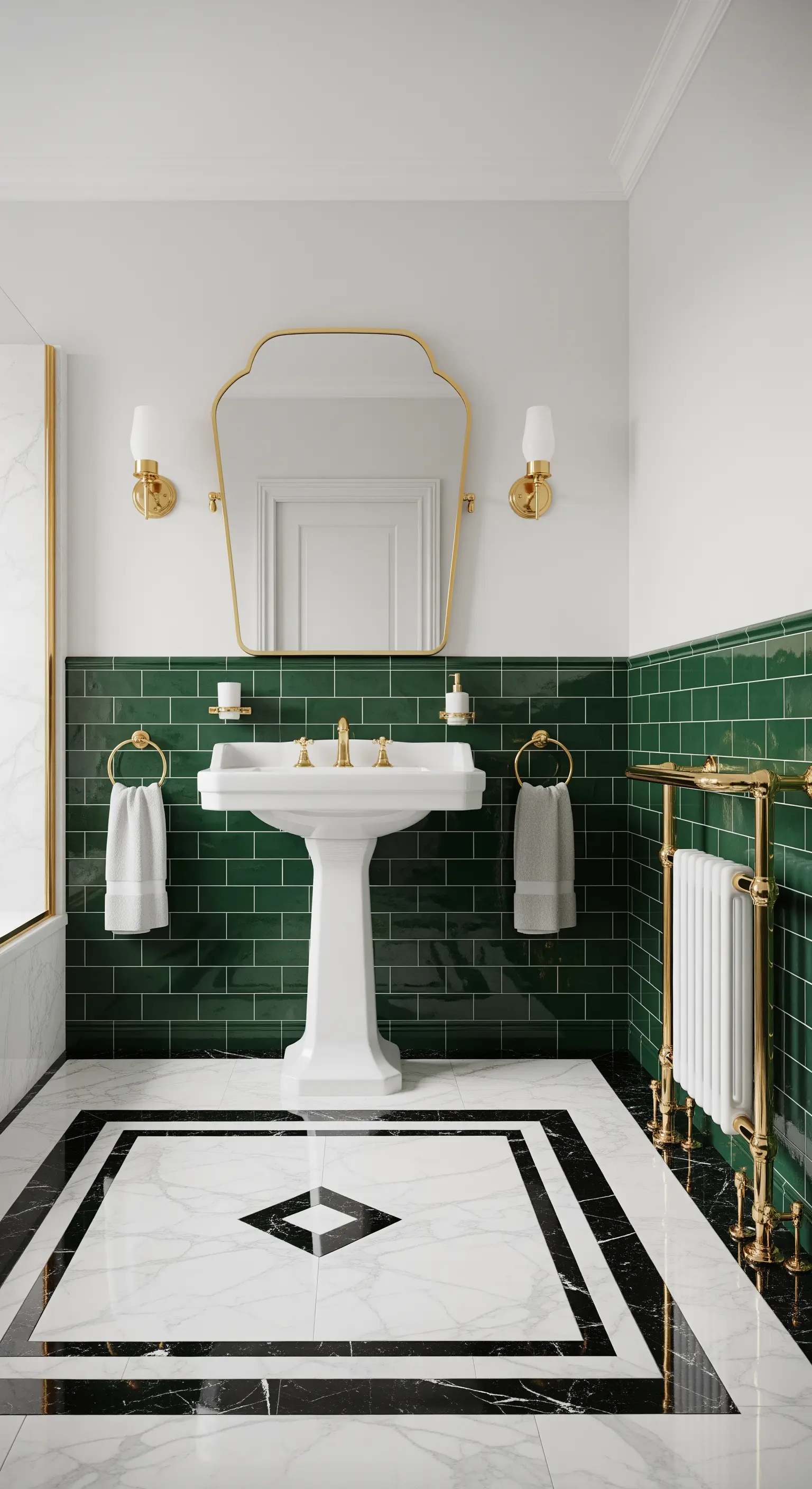 Klassisches Bad mit smaragdgrünen Fliesen, Standwaschbecken und goldenen Vintage-Armaturen.