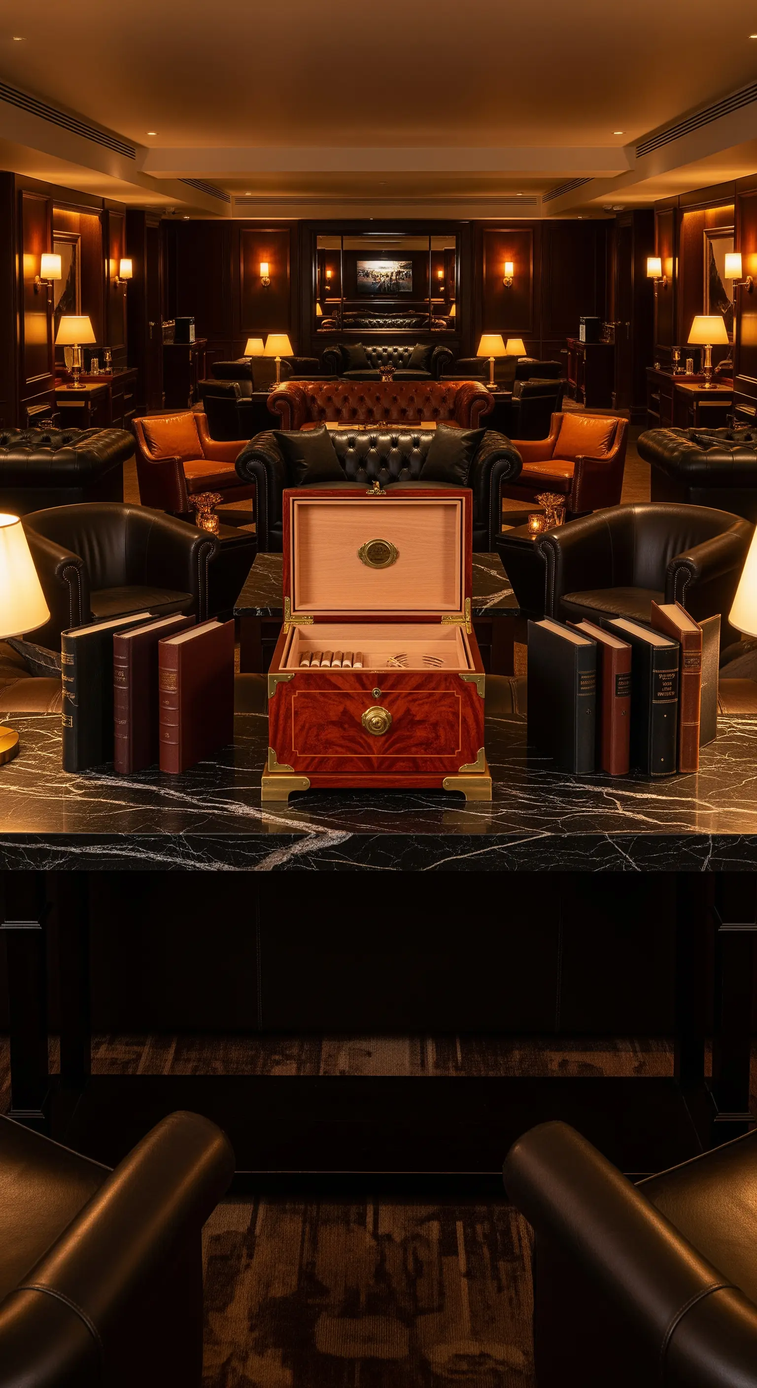 Niedriger dunkler Marmortisch mit Büchern und Humidor in einer luxuriösen Lounge