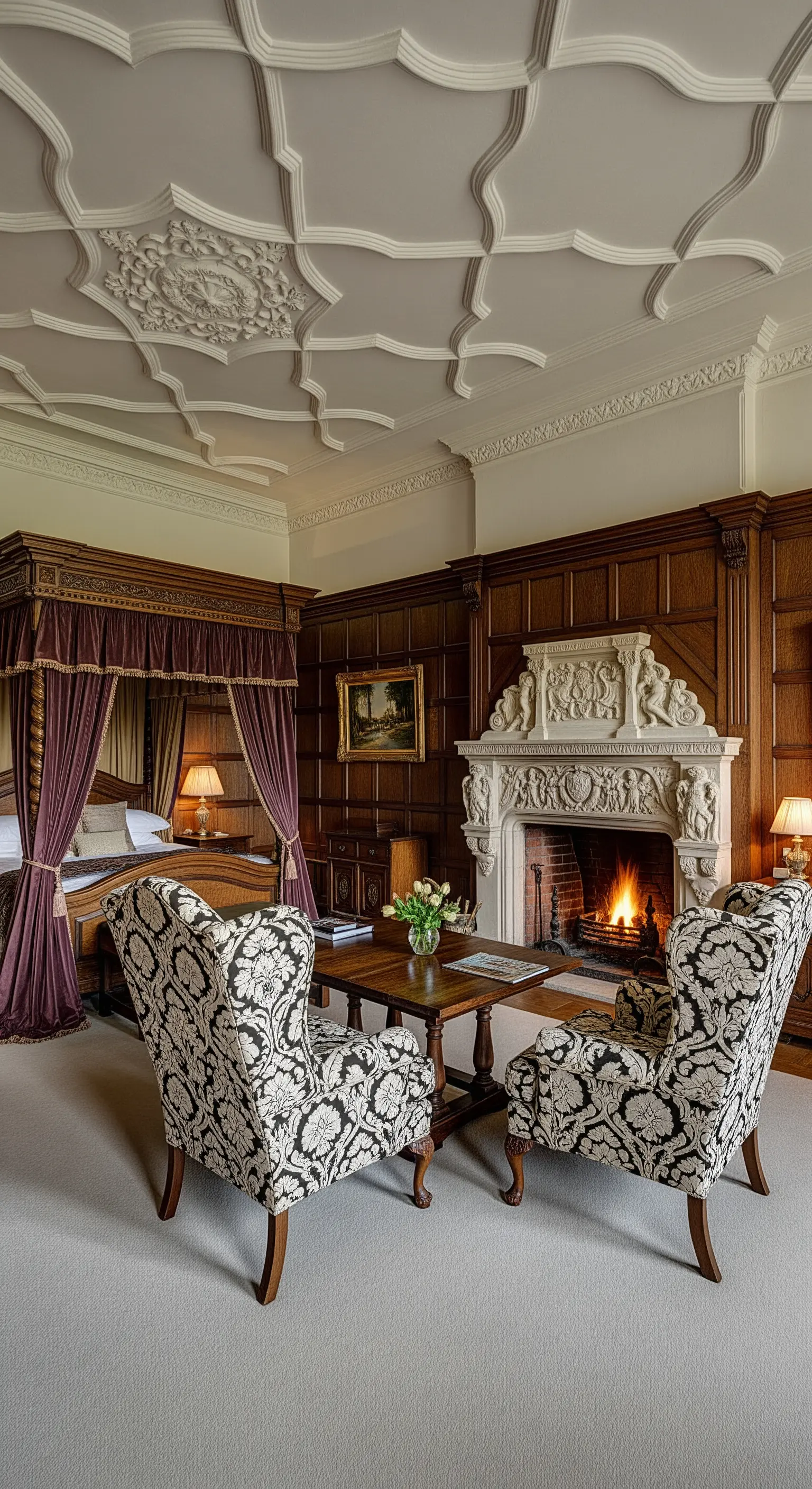 Traditionelles Schlafzimmer mit dunkler Holzvertäfelung, Kamin und zwei gemusterten Sesseln.