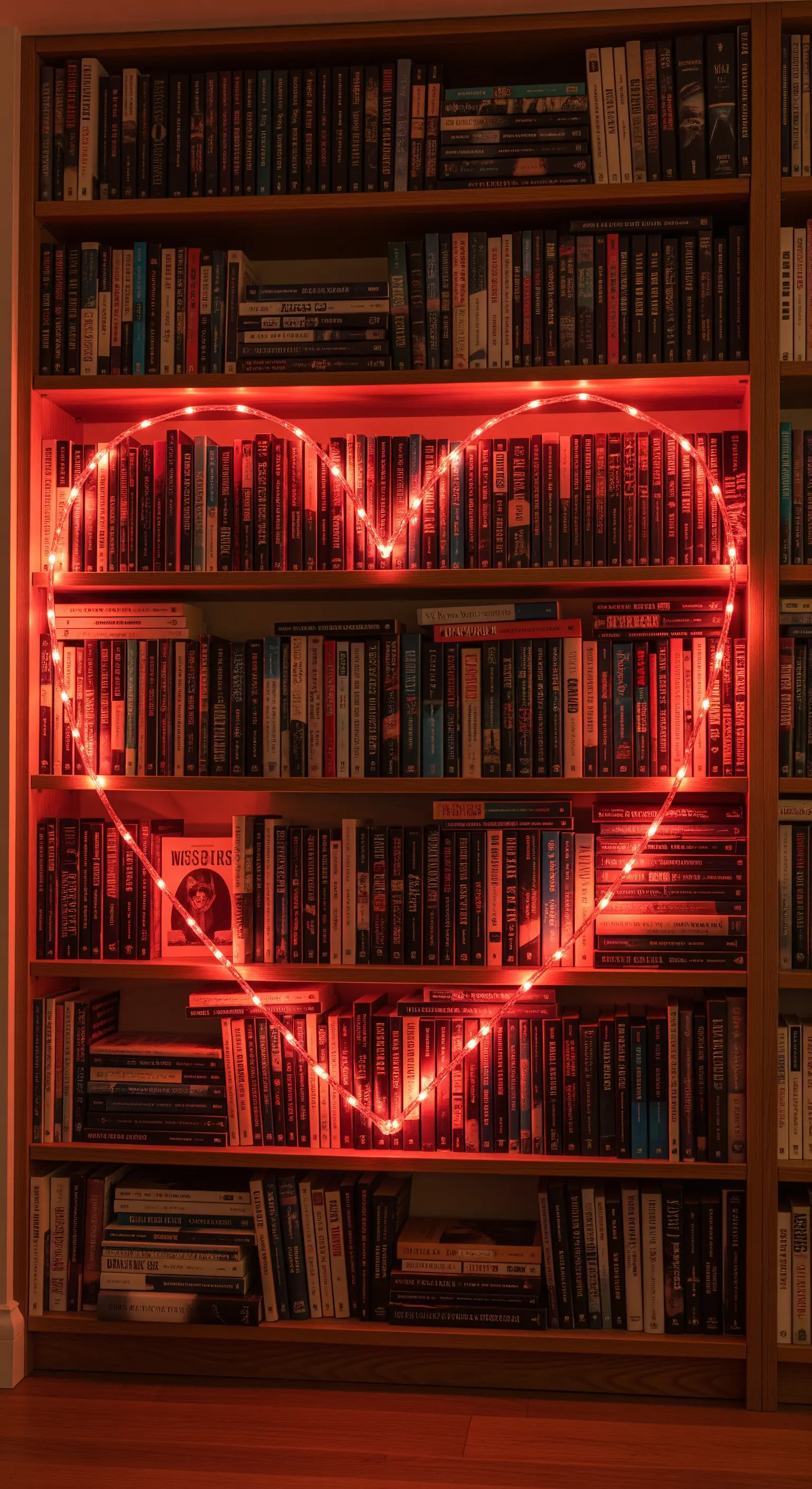 Ein großes, leuchtendes Herz aus einer roten Lichterkette in einem Bücherregal.