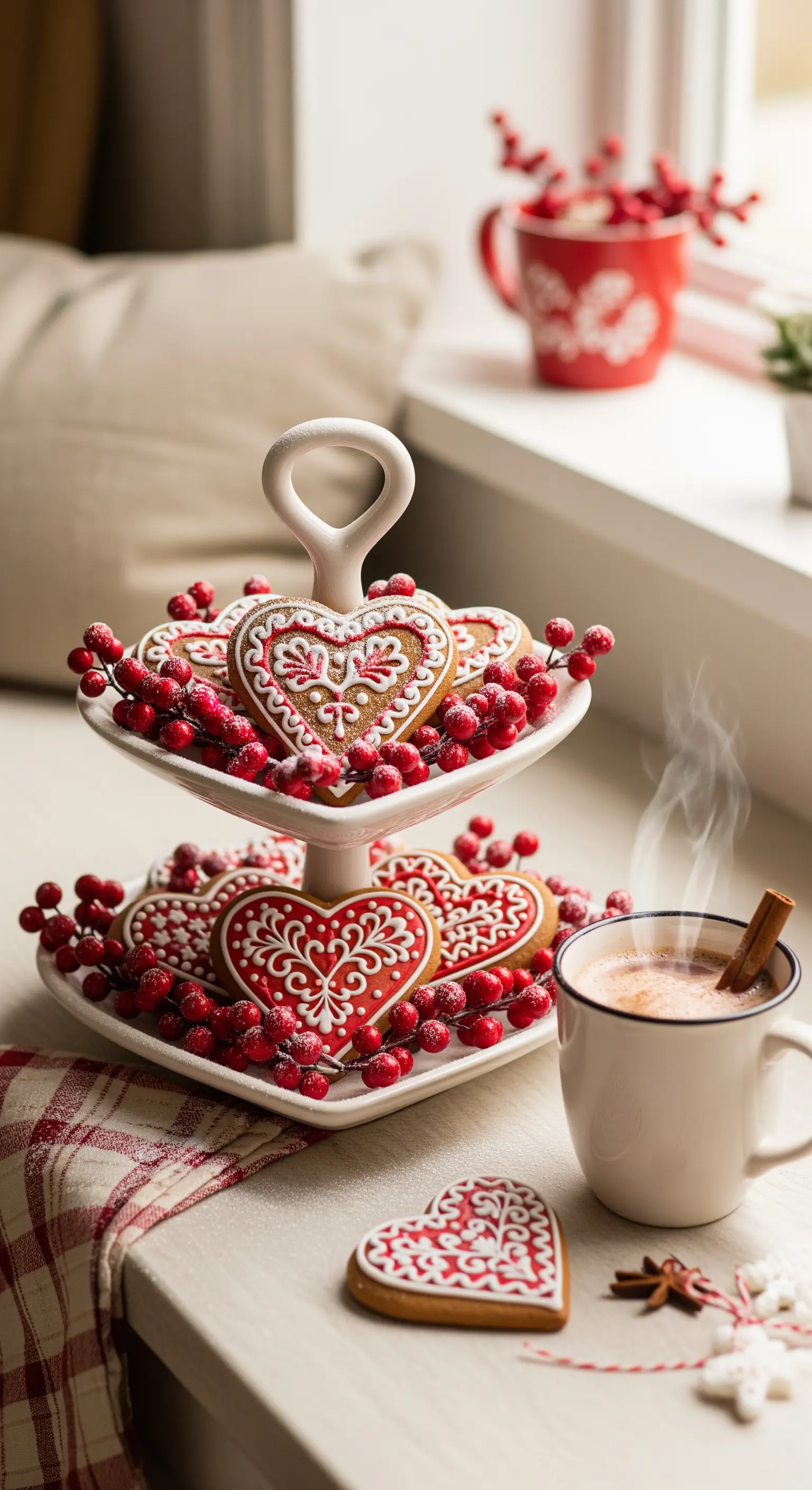 Herzförmige Etagere mit Lebkuchenherzen und roten Beeren am Fenster.