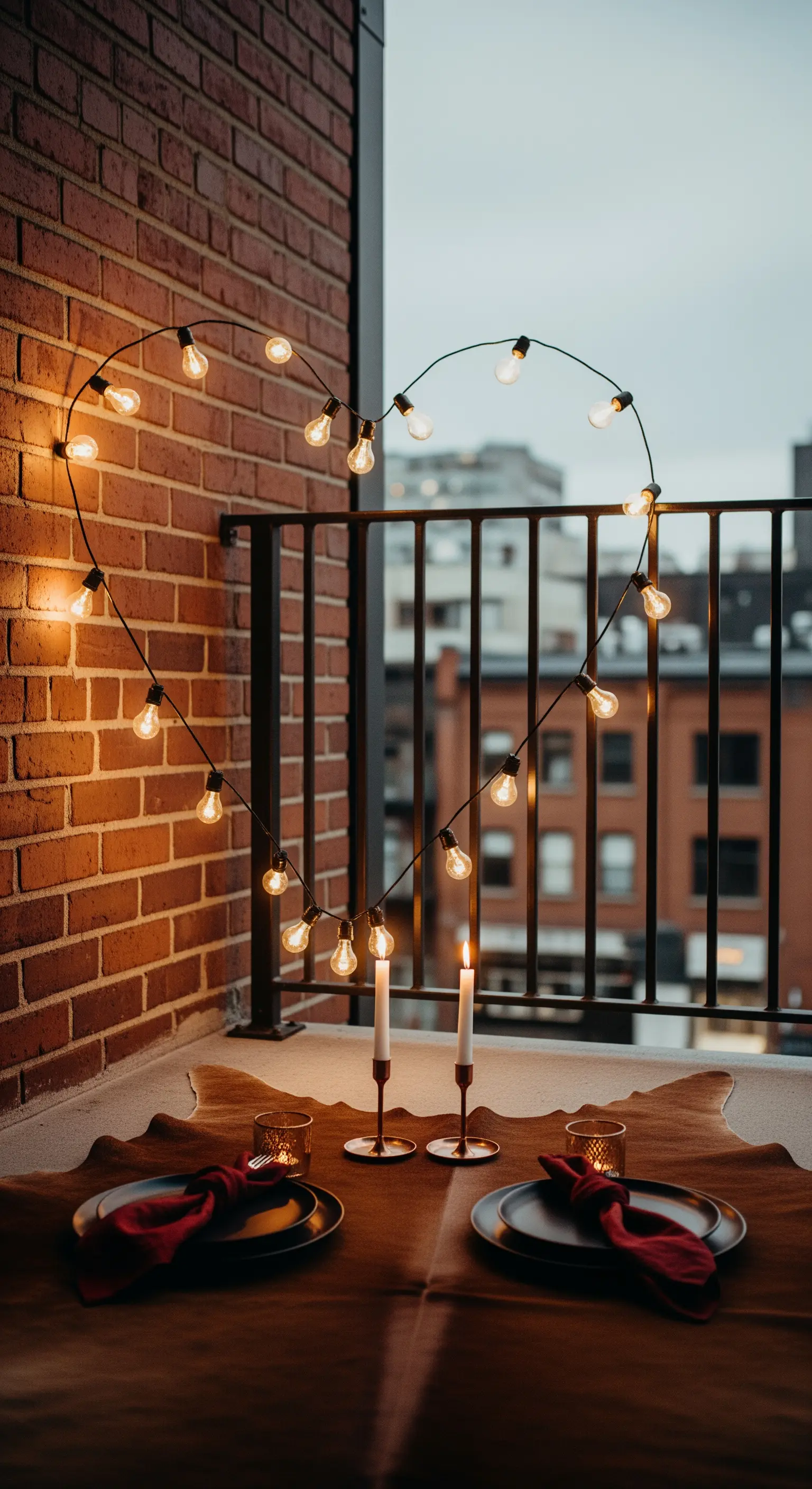 Balkon mit herzförmigem Lichterketten-Arrangement, Kerzenständern und rustikalem Teppich.