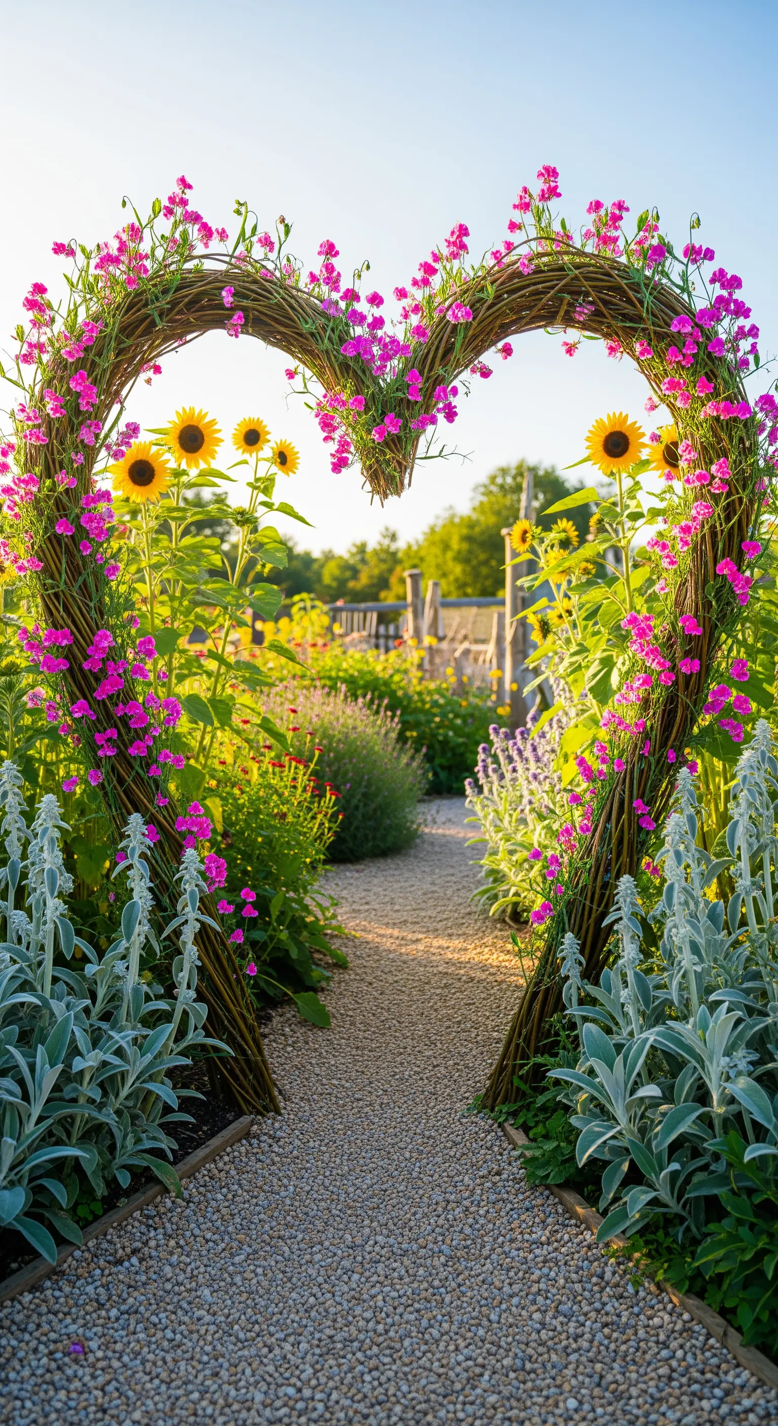Herzbogen, Weide, rosa Blüten, Sonnenblumen, romantische Gartendeko