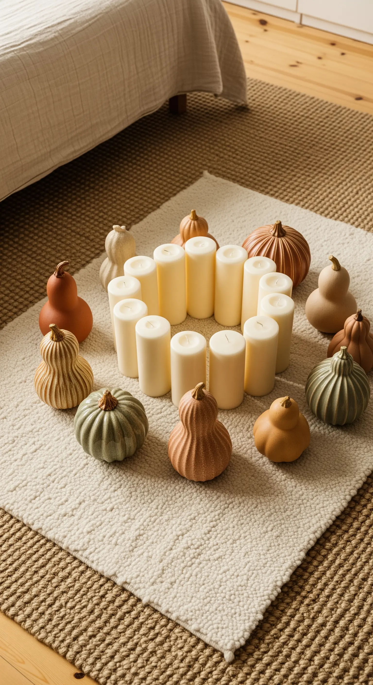 Herzförmiges Kerzenarrangement mit Mini-Kürbissen auf beigem Teppich
