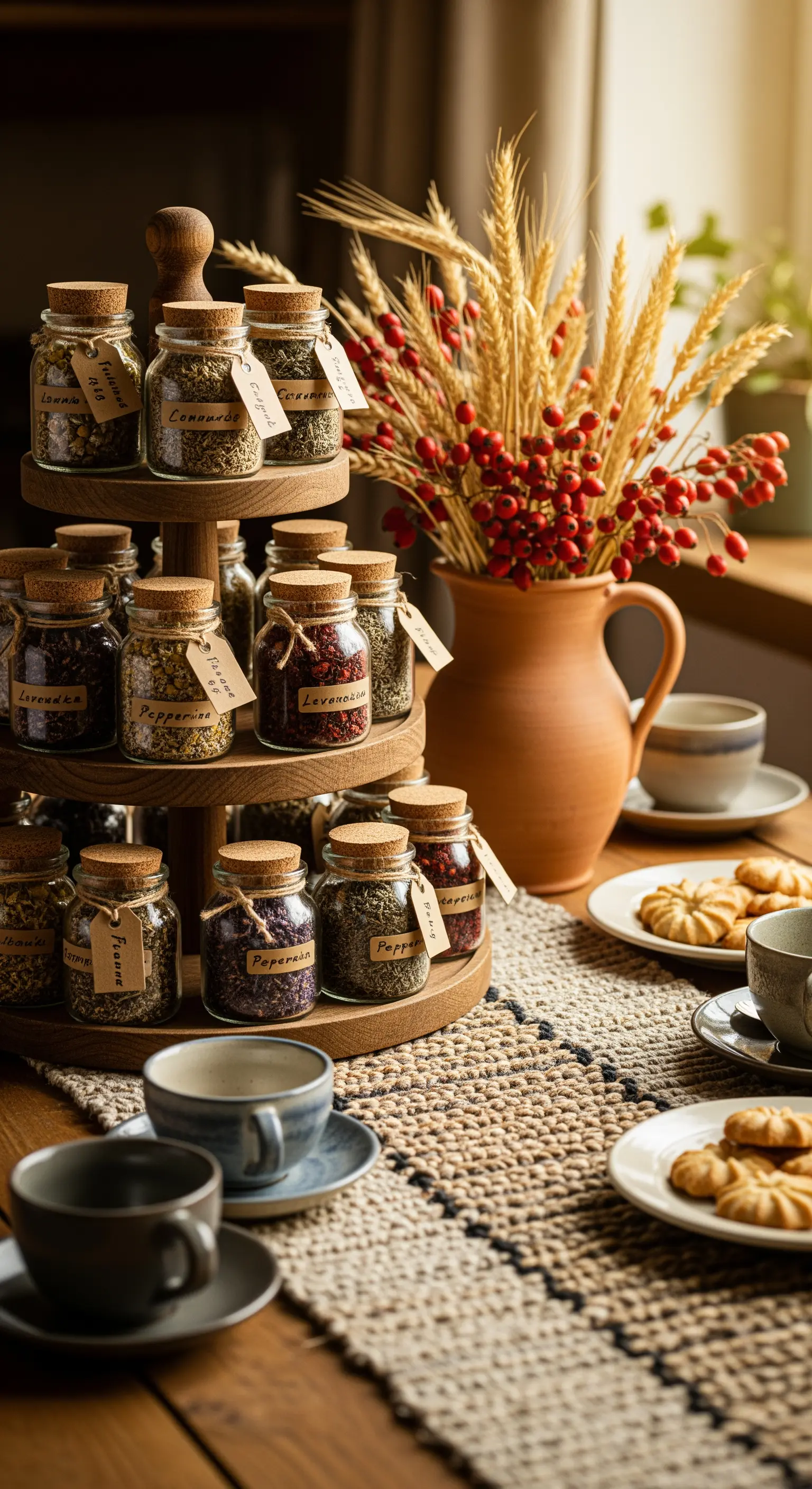 Etagere mit Gewürzgläsern, roten Beeren, Weizenähren, Jute-Läufer für rustikale Herbst-Kaffeetafel.