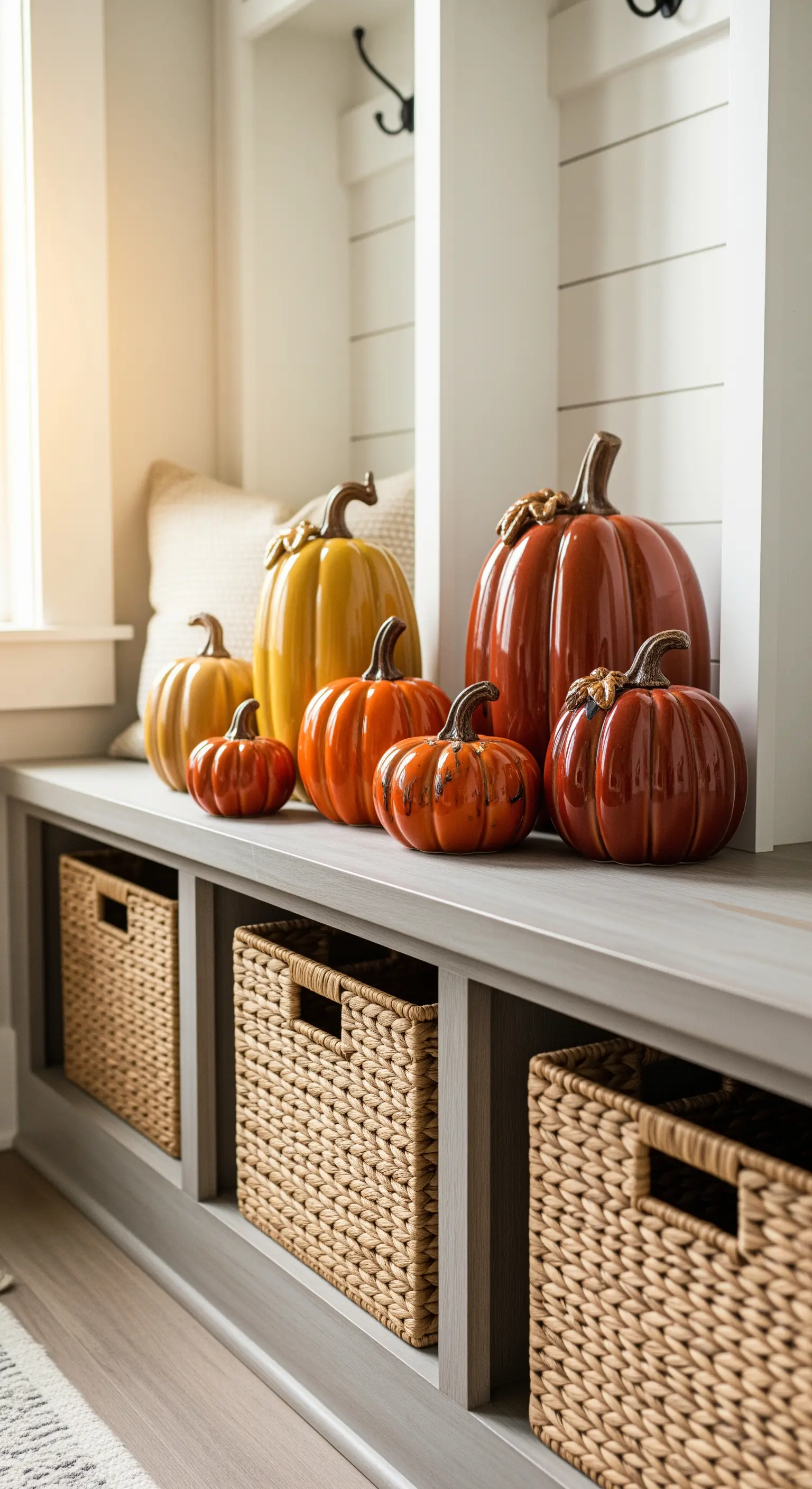 Eingangsbereich-Bank mit Weidenkörben und Keramikkürbissen in Orange- und Gelbtönen.