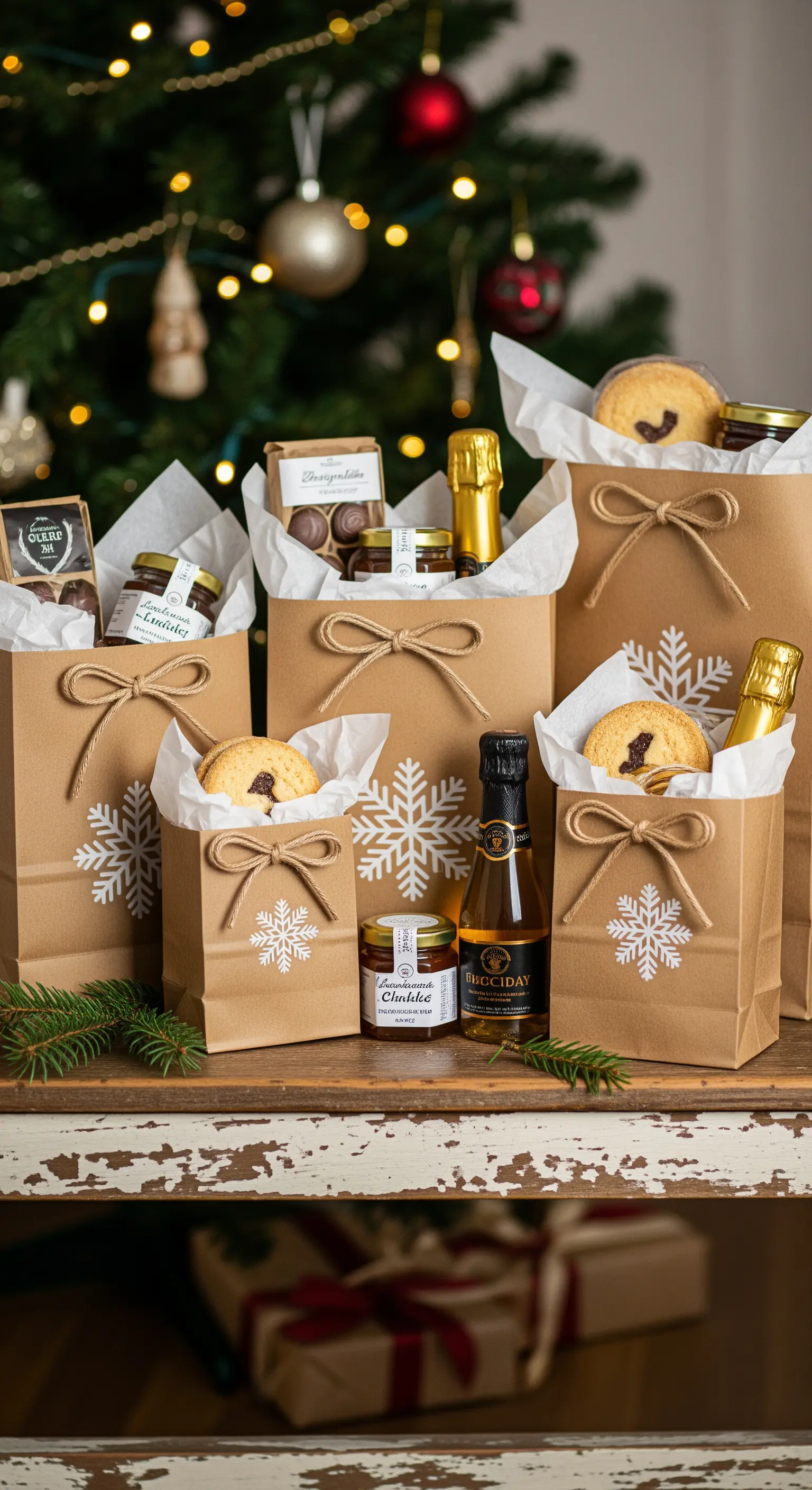 Kraftpapier-Geschenkbeutel mit Schneeflockenmotiv, gefüllt mit Leckereien, auf Holzregal vor einem Weihnachtsbaum.