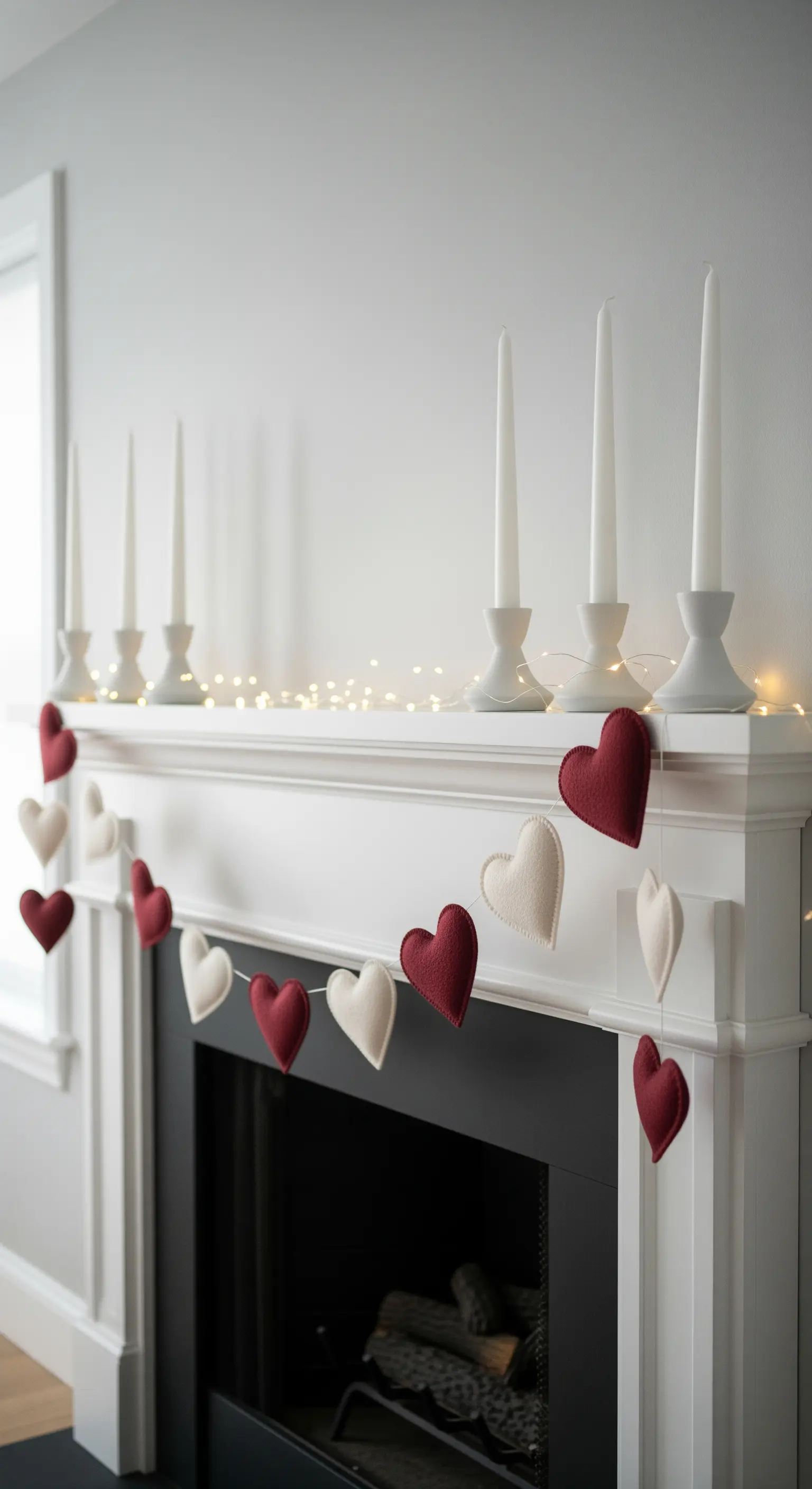 Kaminumrandung mit weißer Kerzenreihe, Lichterkette und rot-cremefarbener Herzgirlande.