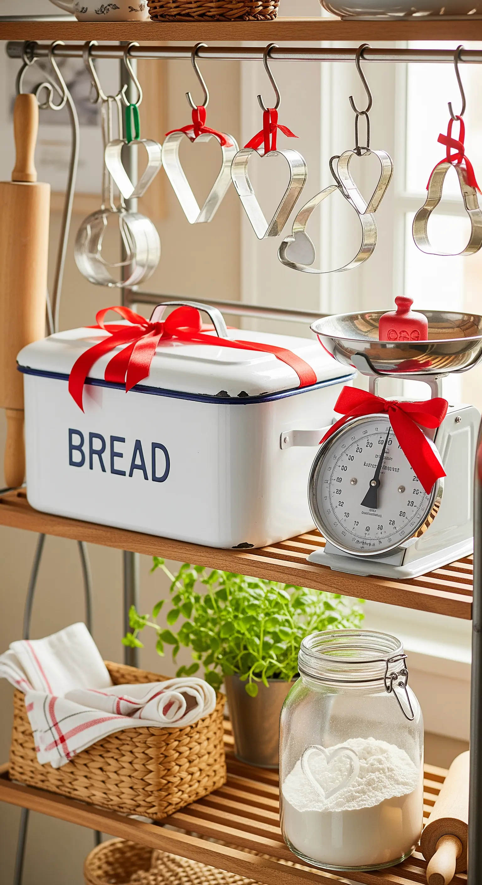 Rustikale Küche, Herz-Ausstecher, Brotbox, Küchenwaage, Kräuter, Holzregal