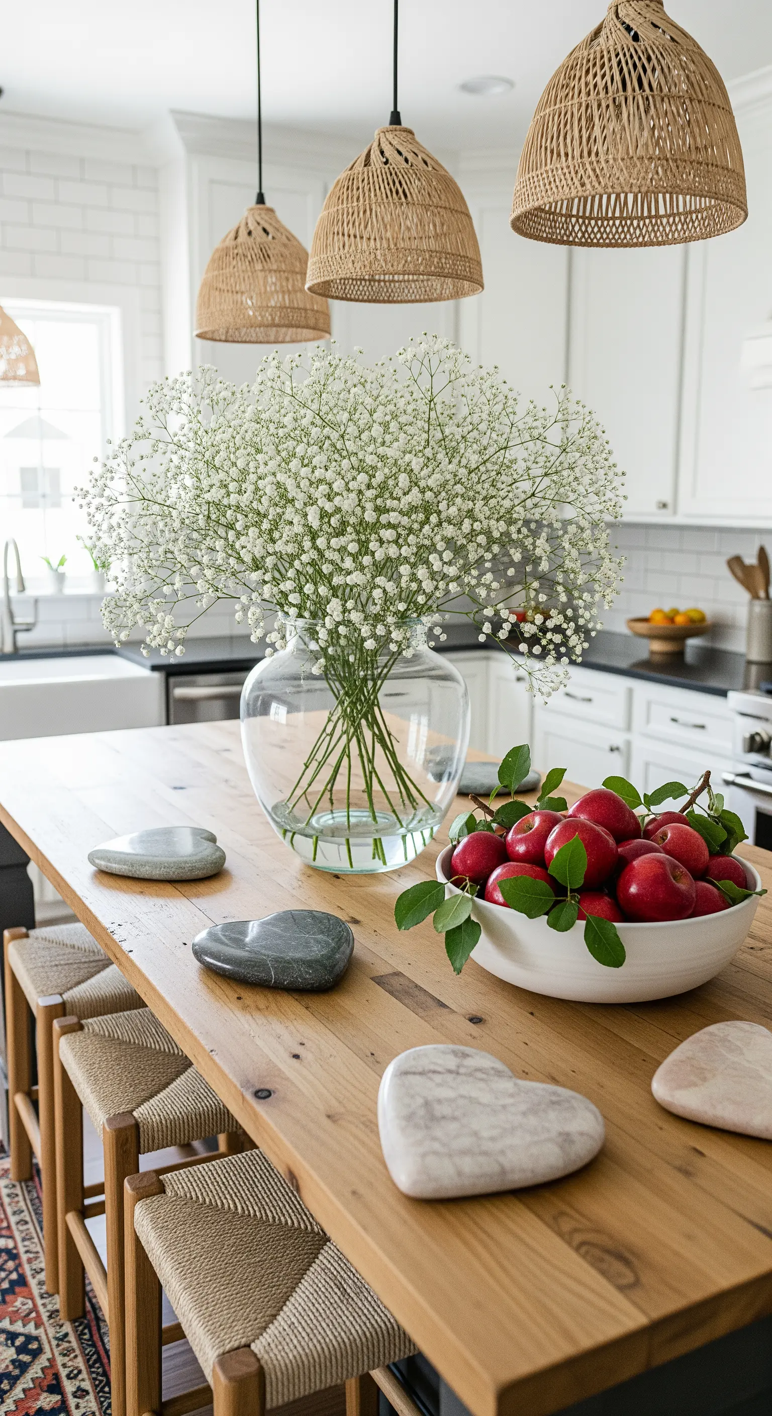 Kücheninsel mit Schleierkraut, herzförmigen Steinen und roten Äpfeln