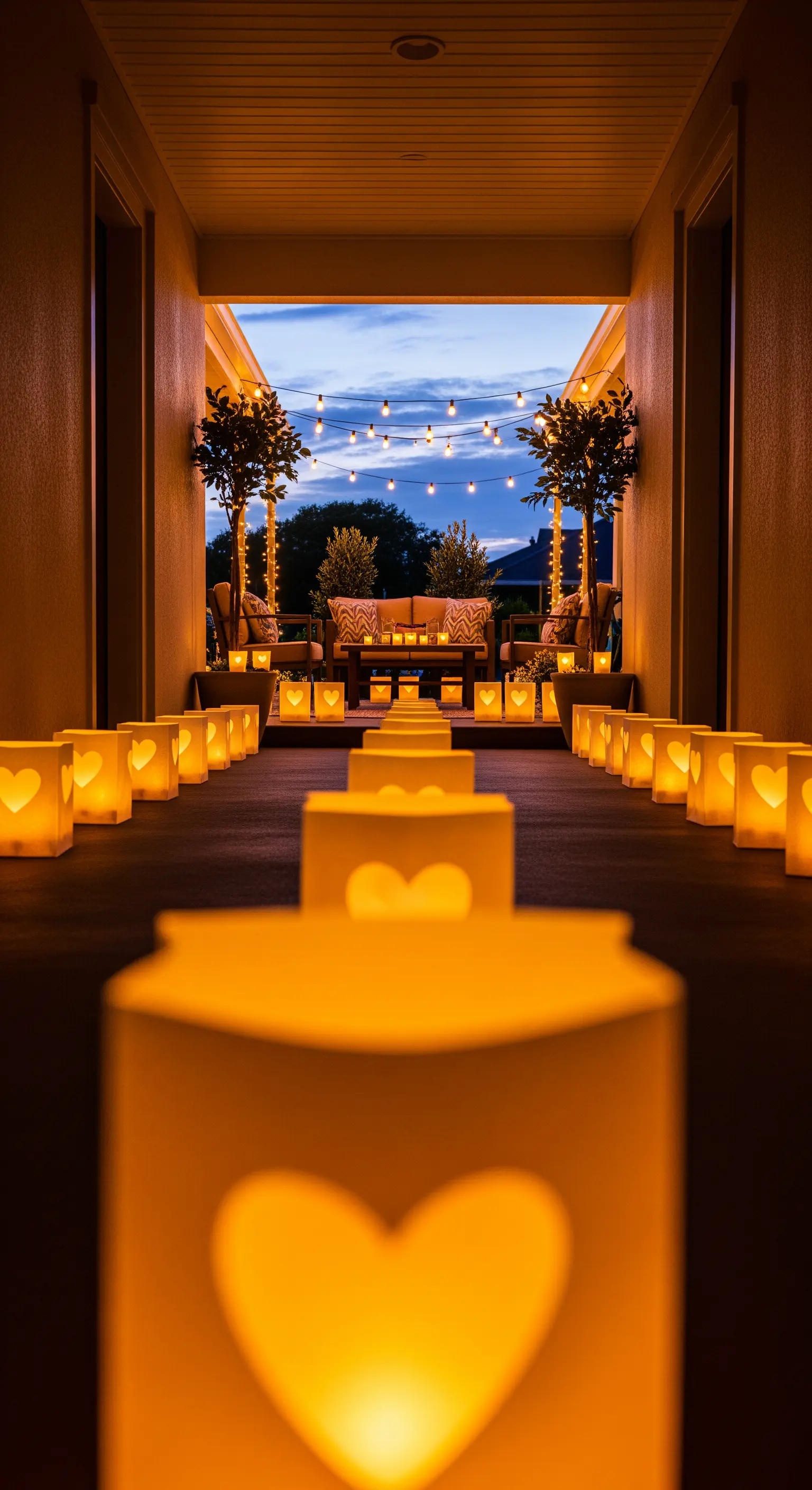 Eingangspfad mit leuchtenden Herz-Luminarias und Lichterketten im Hintergrund
