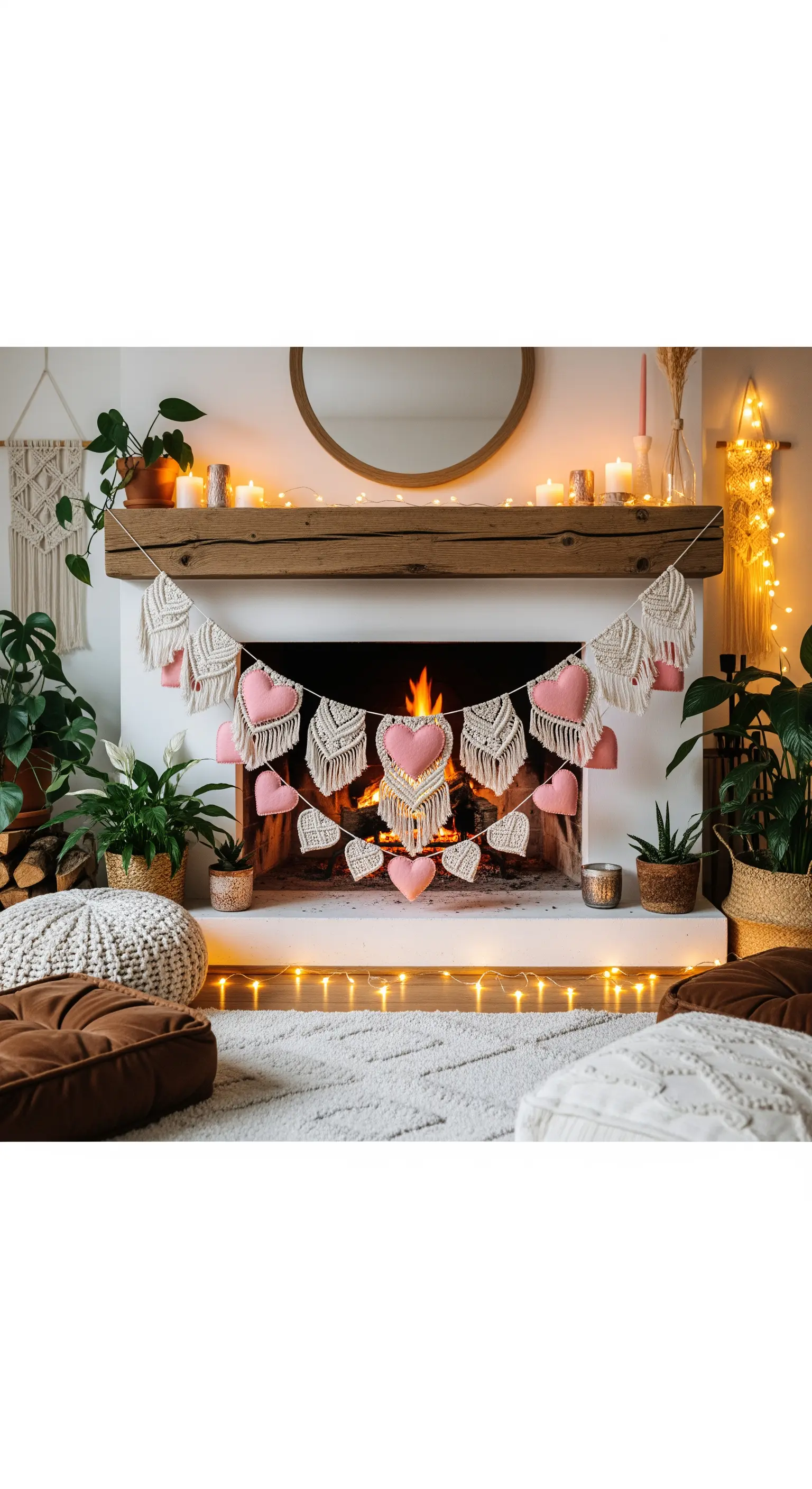 Makramee-Herz-Girlande, Bodenkissen, Lichterketten, Kaminzimmer