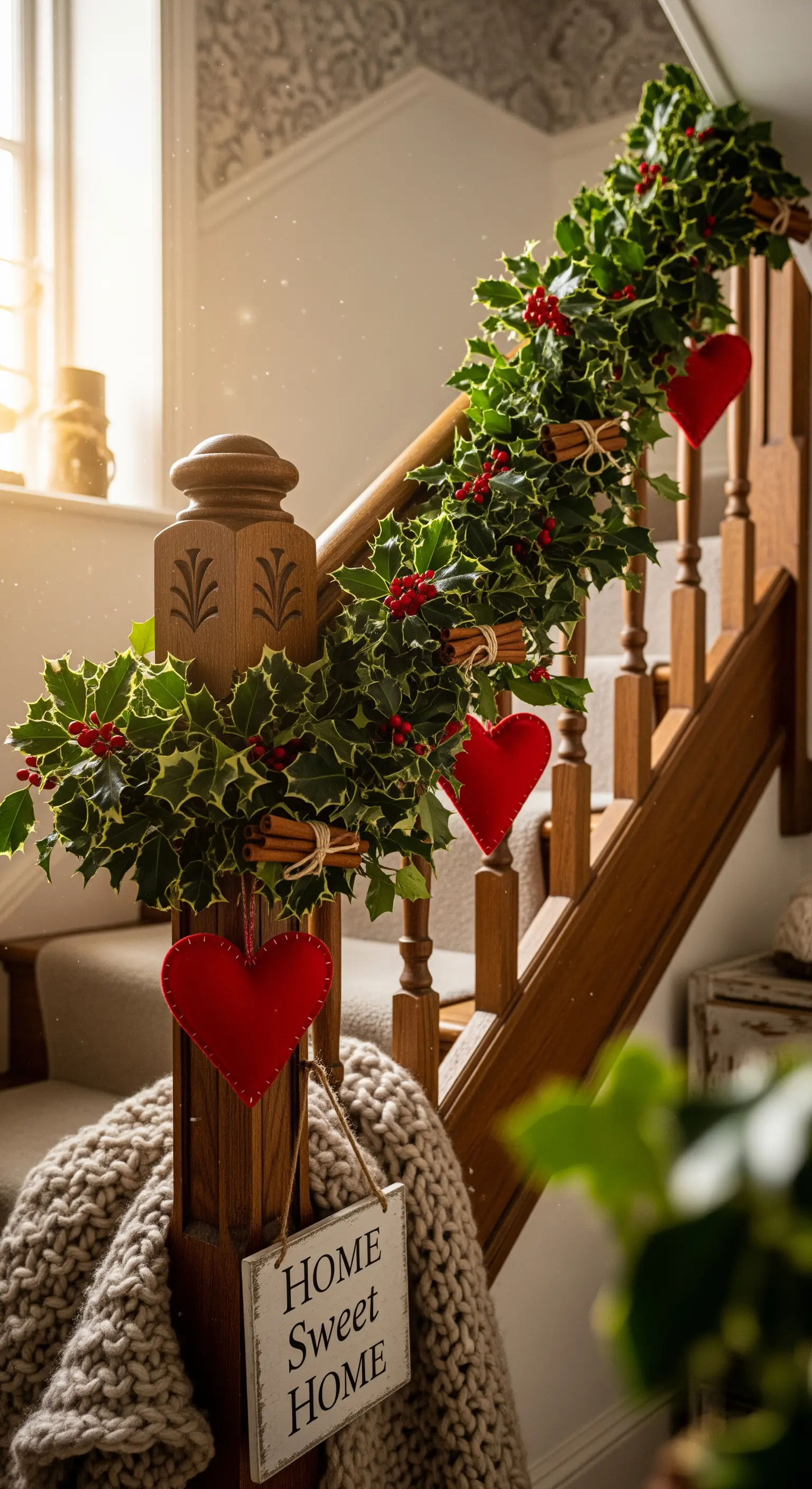 Stechpalmen-Girlande mit roten Filzherzen und Zimtstangen an Holztreppe.