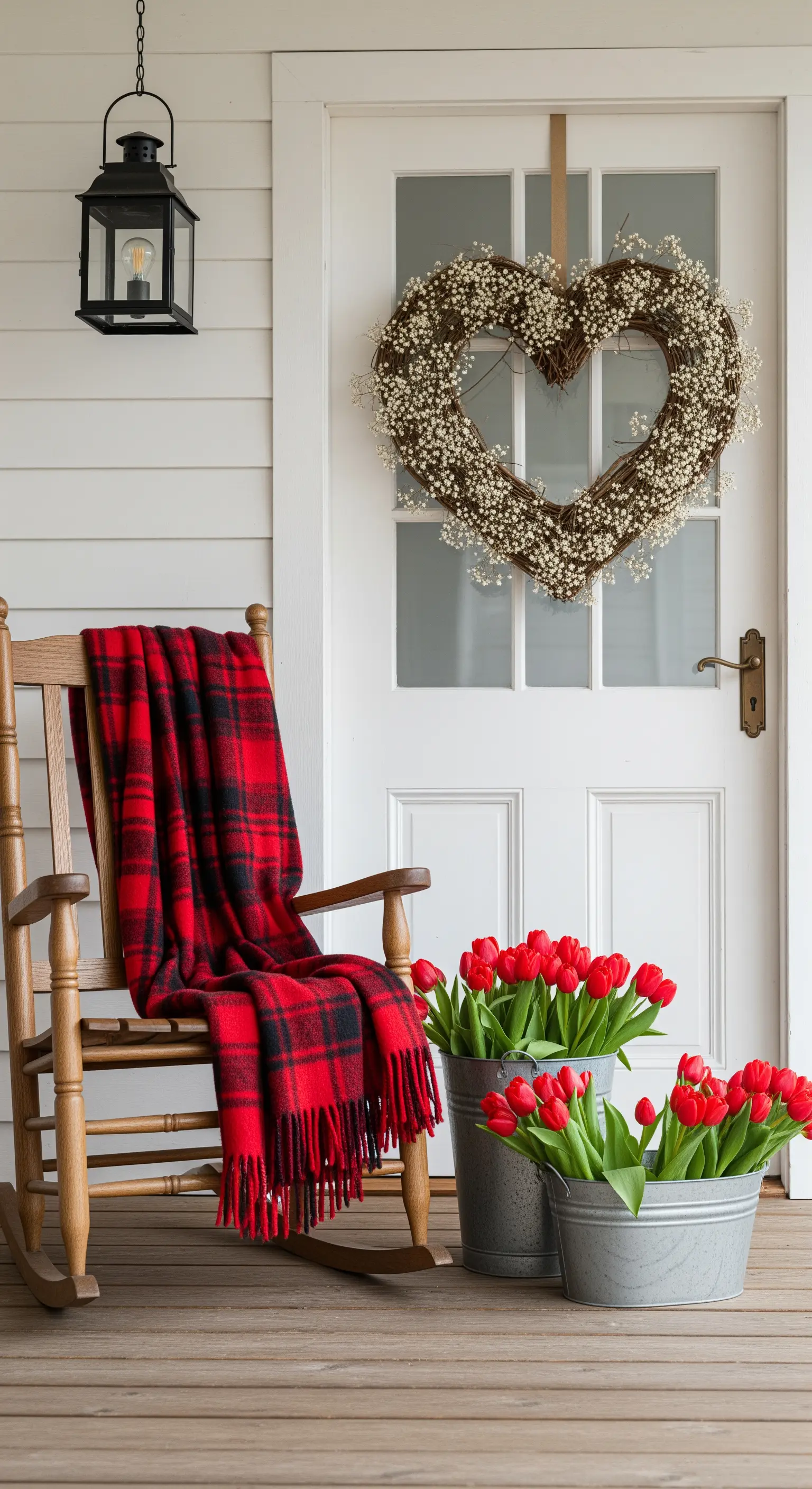Veranda Deko, Herz-Kranz, rote Tulpen, Schaukelstuhl, Laterne, karierte Decke