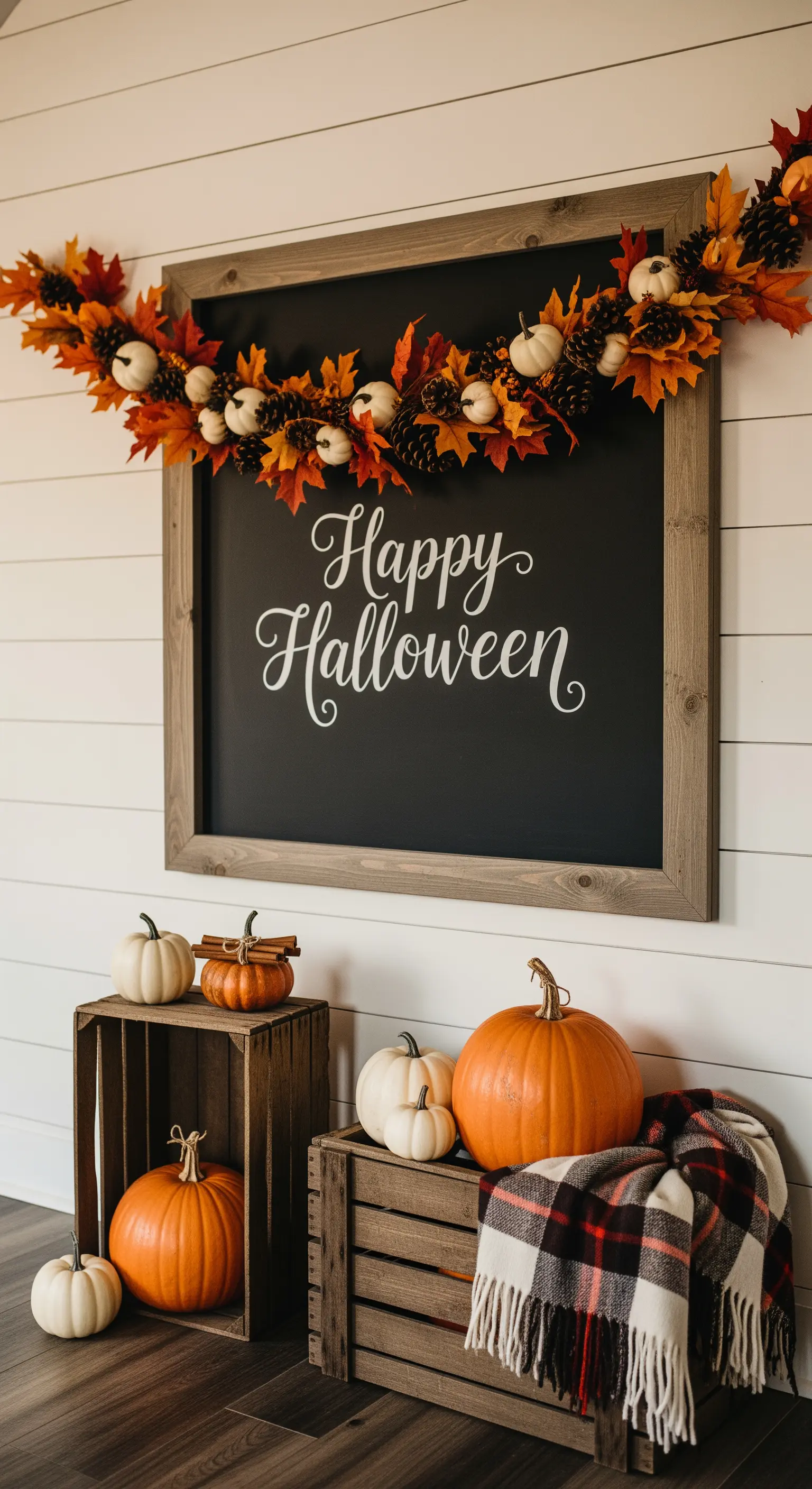 Gerahmte Kreidetafel mit Schriftzug, umrahmt von einer Herbstgirlande mit Kürbissen.