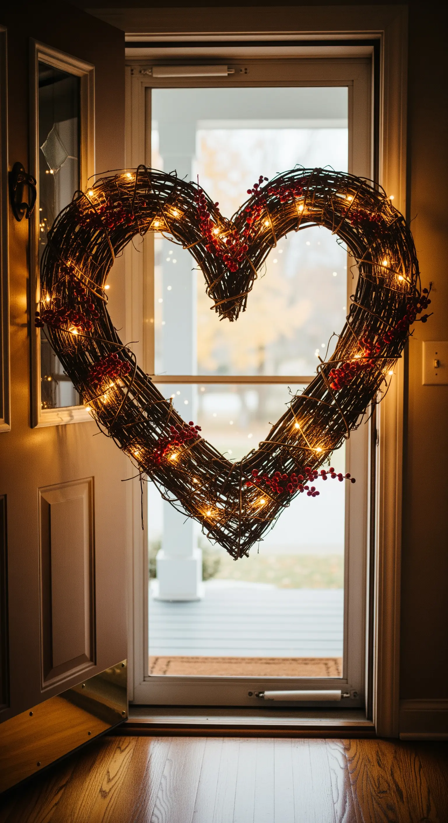 Ein beleuchteter Weidenkranz in Herzform, dekoriert mit Beeren, hängt an einer Haustür.
