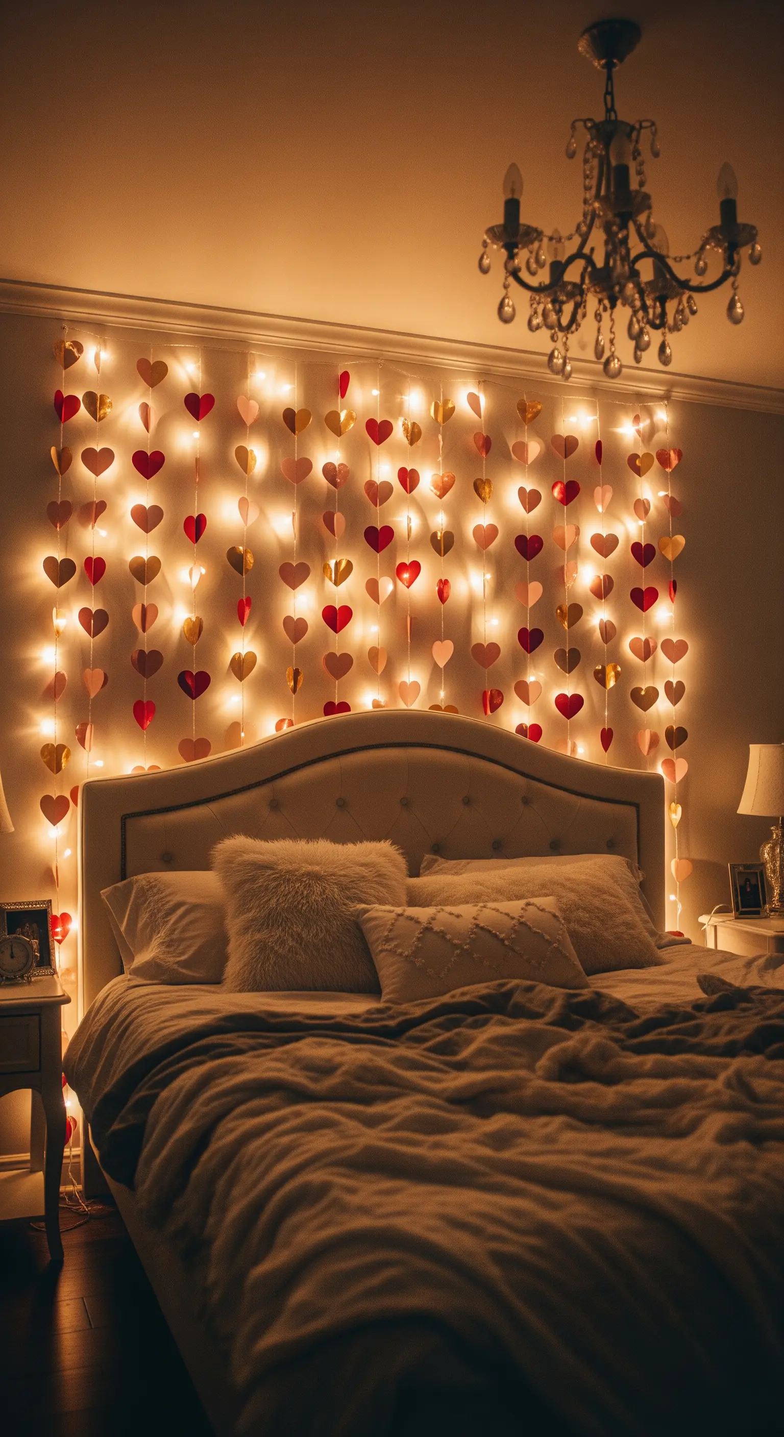 DIY-Lichtervorhang mit Papierherzen als romantisches Kopfteil im Schlafzimmer.