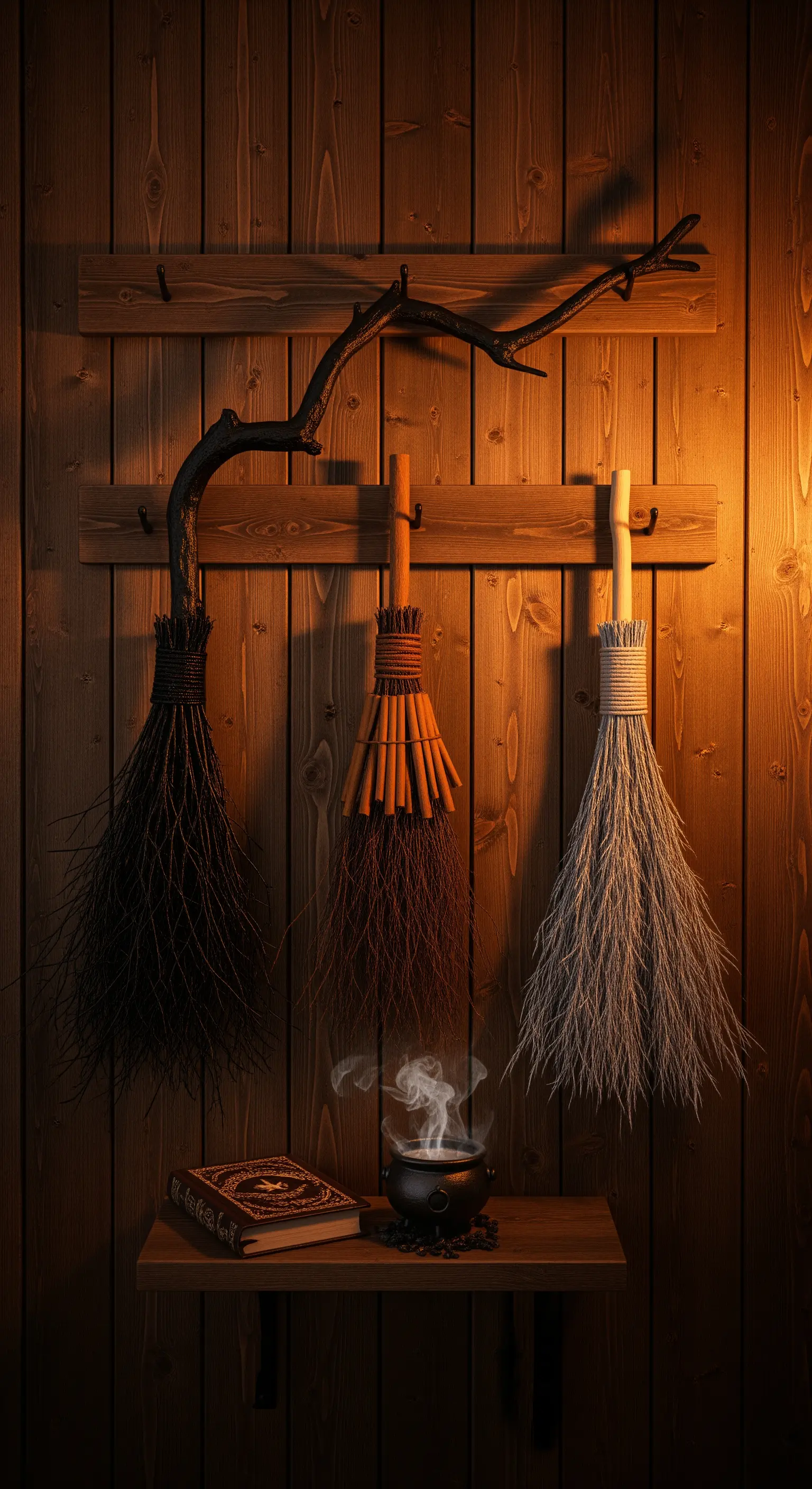 Drei selbstgemachte Hexenbesen hängen ordentlich an einer rustikalen Holzwand.
