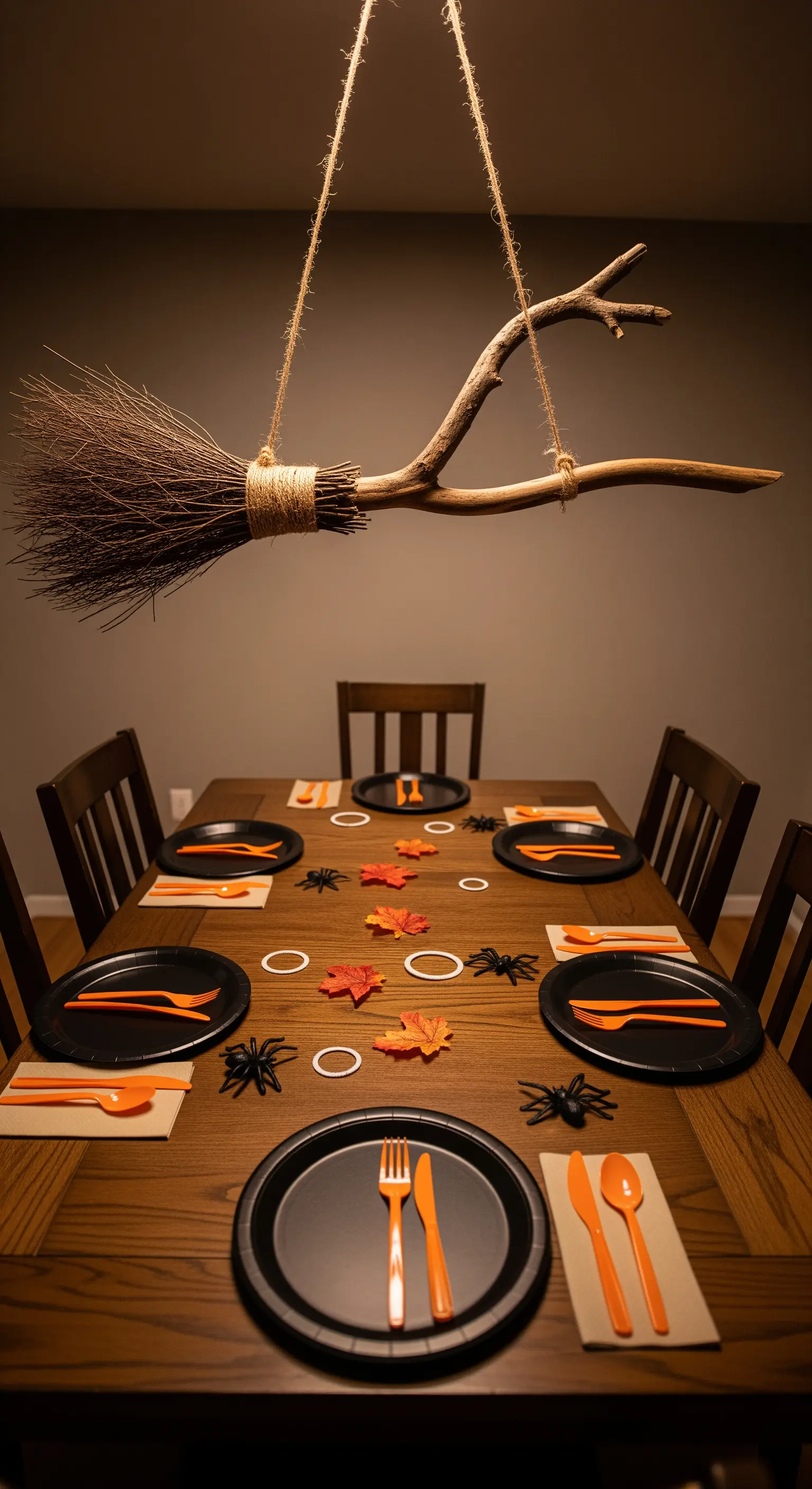Halloween Tischdeko mit schwarzem Geschirr, orangem Besteck und schwebendem Hexenbesen.