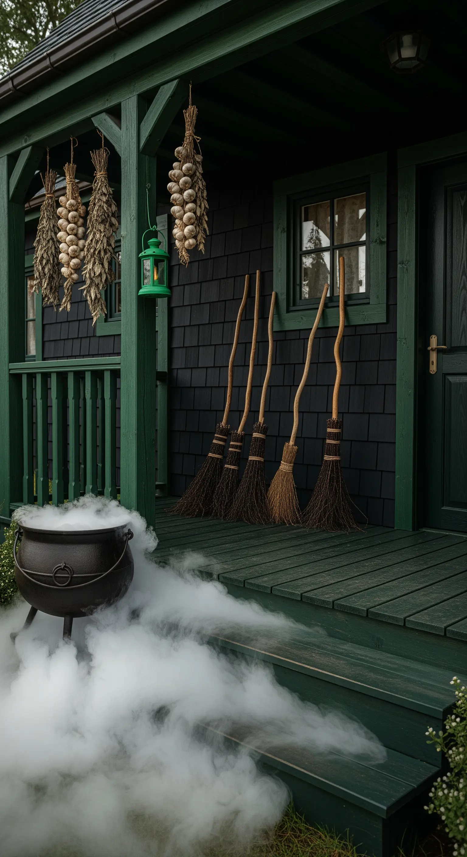 Hexenhaus-Veranda mit Besen, Knoblauchzöpfen und einem rauchenden Kessel vor einer dunklen Fassade.
