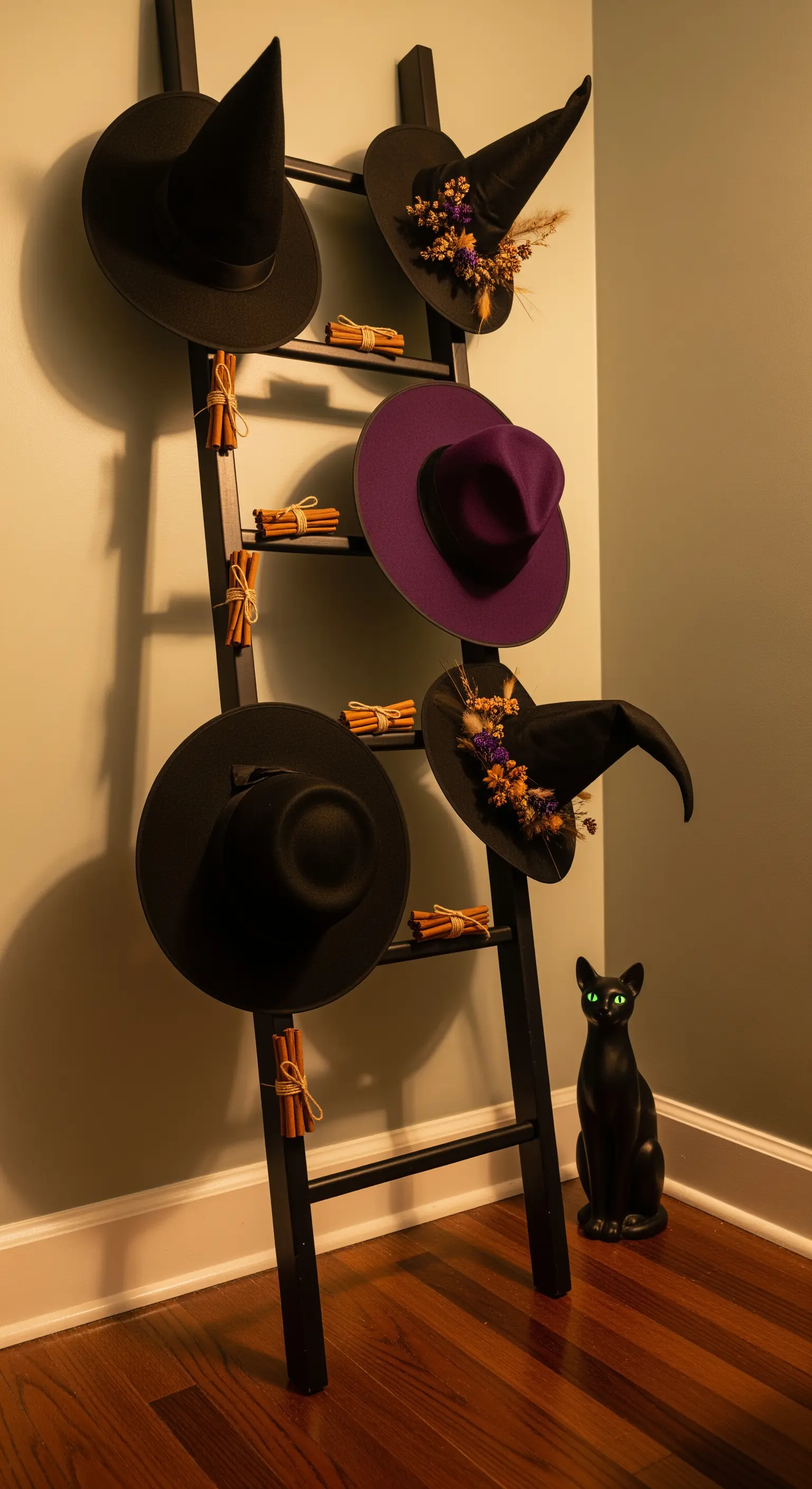 Holzleiter mit Hexenhüten, getrockneten Blumen und Zimtstangen, schwarze Katze