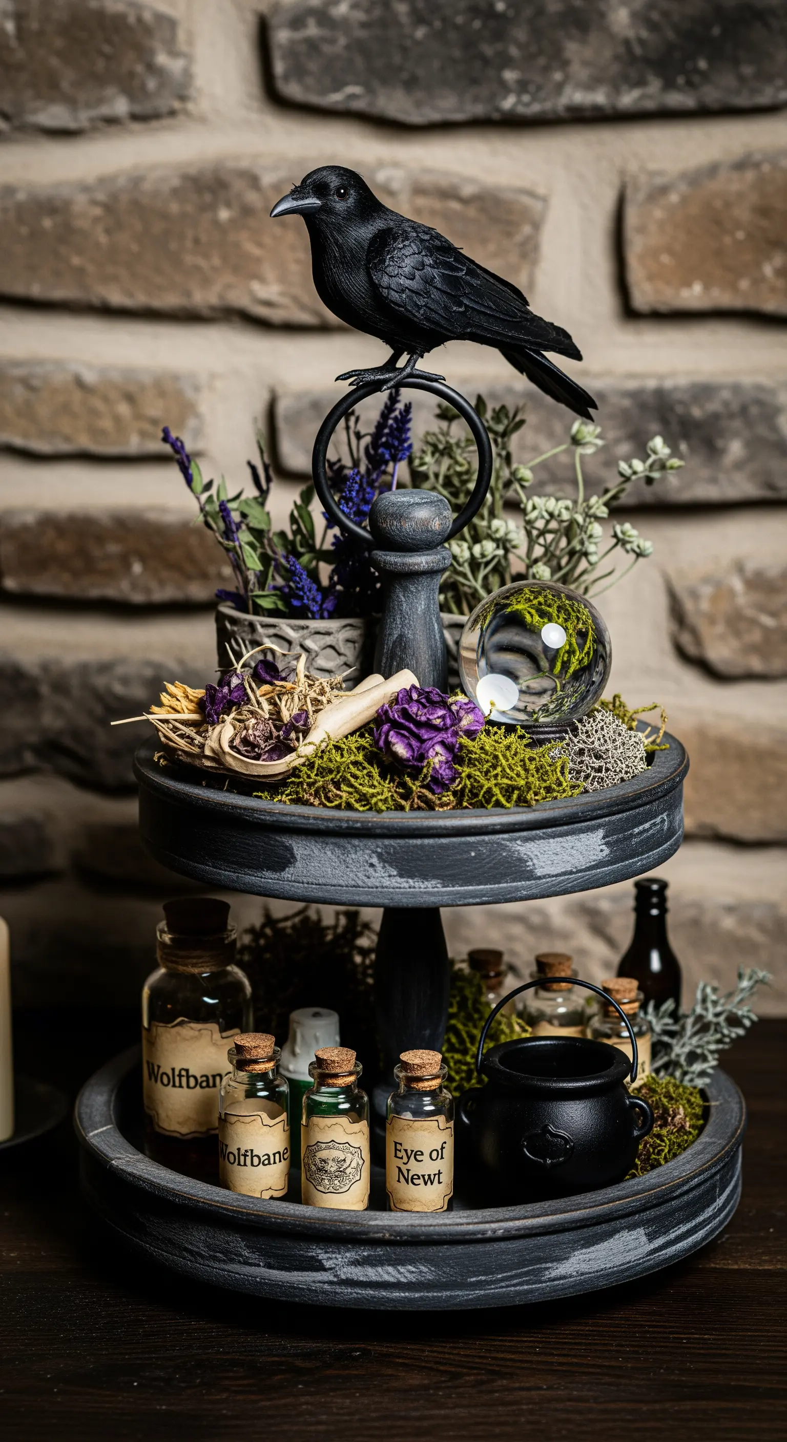 Halloween-Etagere im Hexen-Stil mit Zaubertrank-Fläschchen und Rabe.