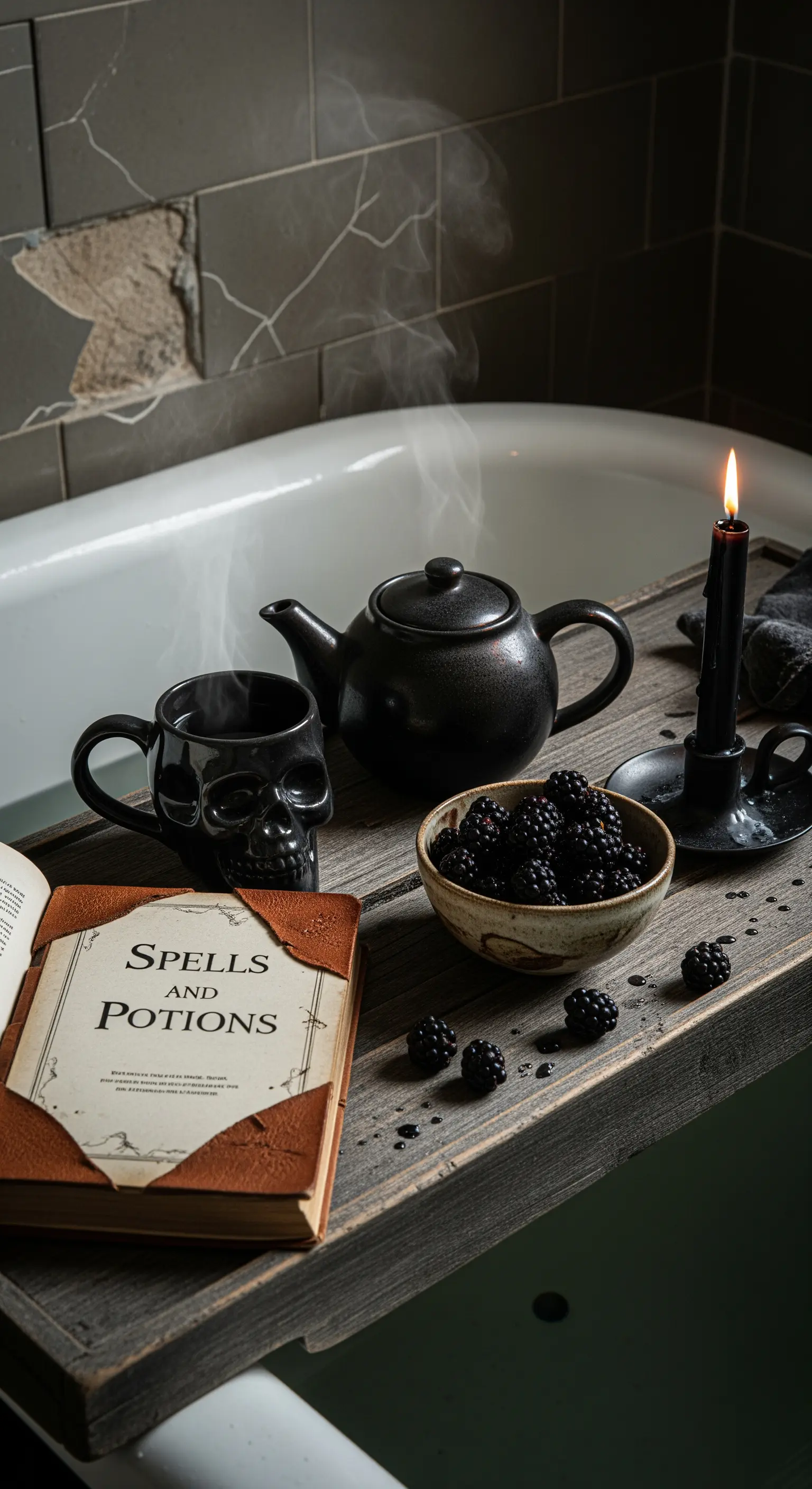 Badewannenablage mit 'Spells and Potions' Buch, Teekanne, Schädel-Tasse und dunklen Beeren