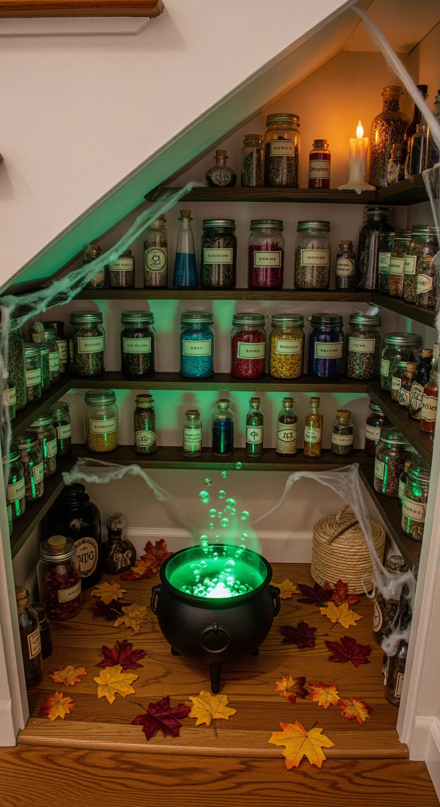 Halloween-Hexenversteck unter der Treppe mit Zaubertränken und brodelndem Kessel.