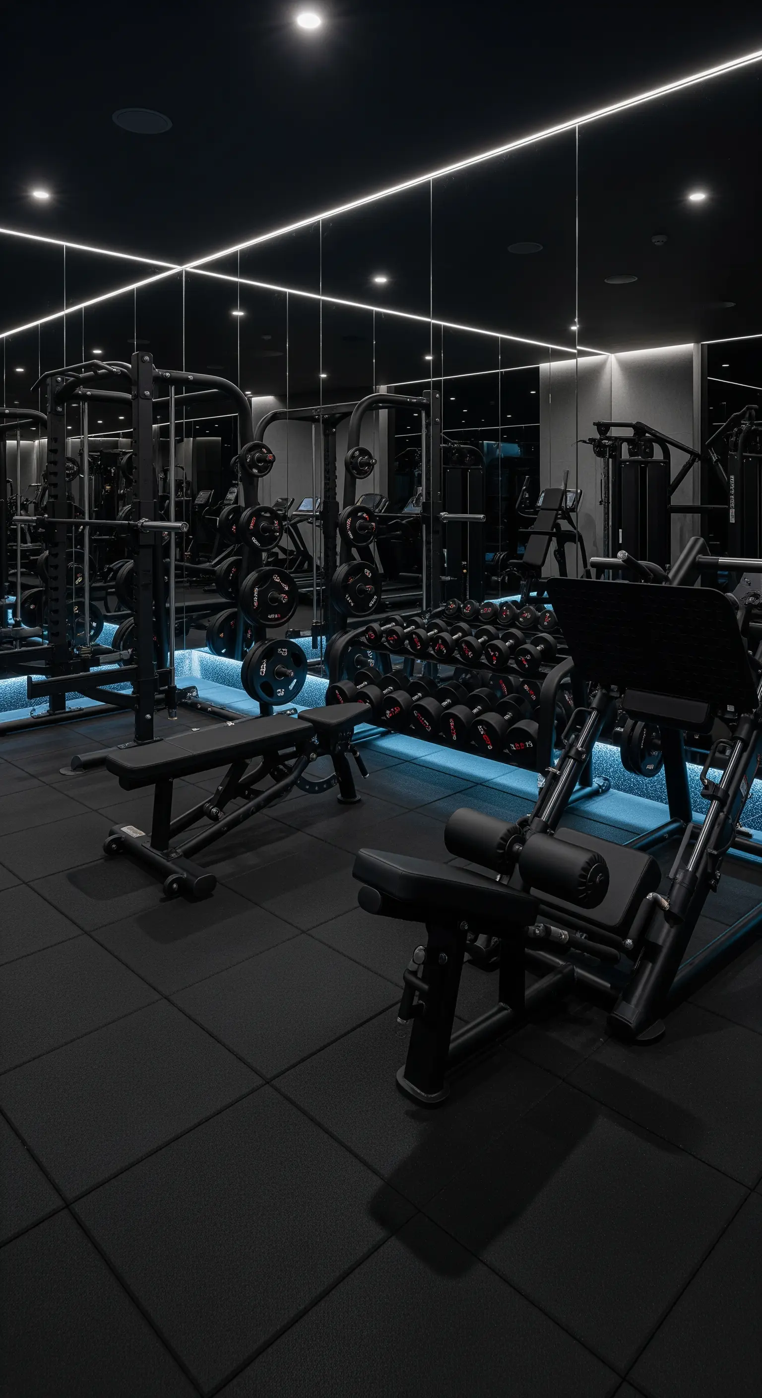 Fitnessraum in Schwarz mit Spiegelflächen und blauen LED-Akzenten