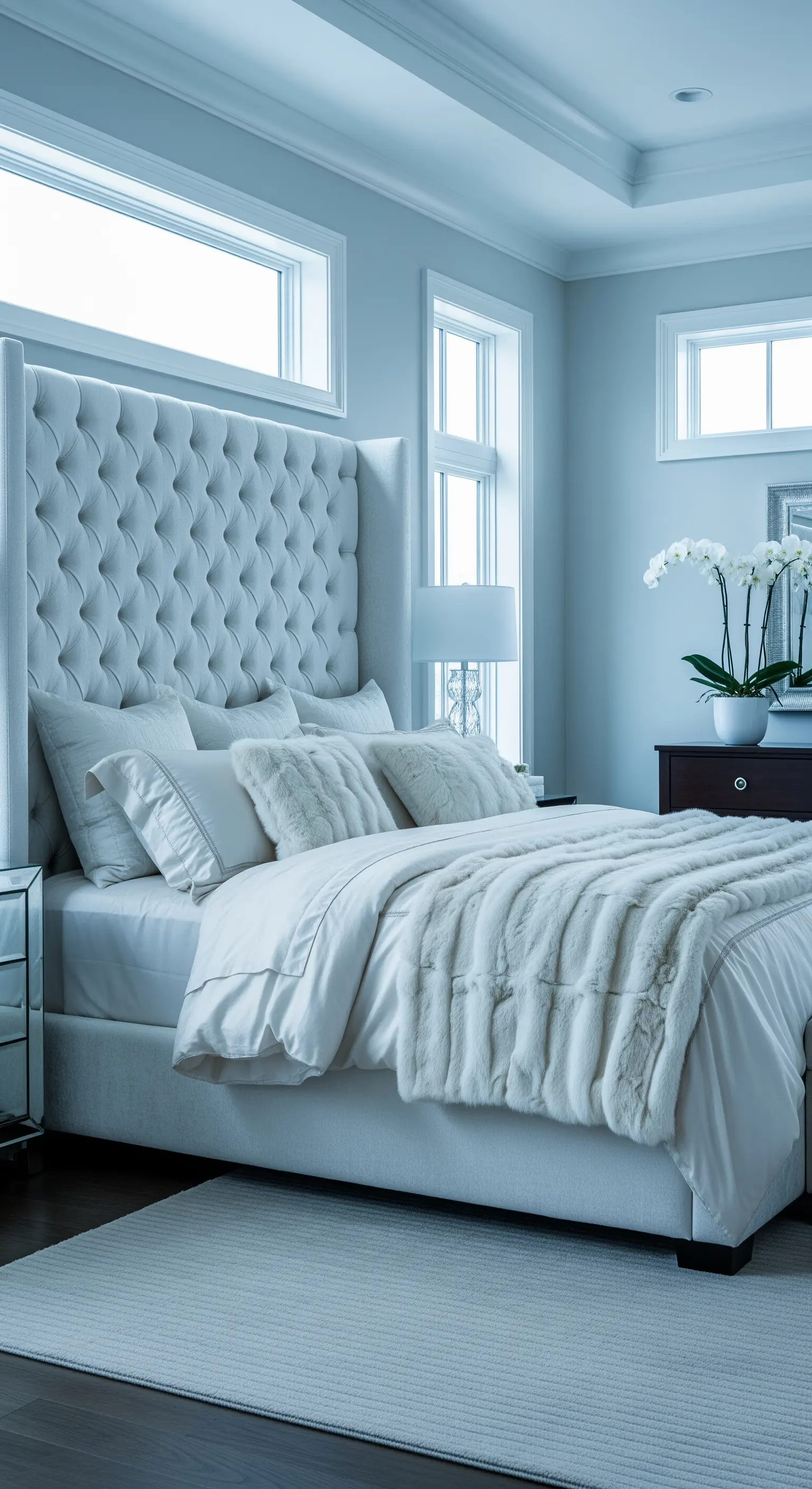 Schlafzimmer in Weißtönen mit getuftetem Bett, Kunstfell, Orchidee und hellem Teppich.