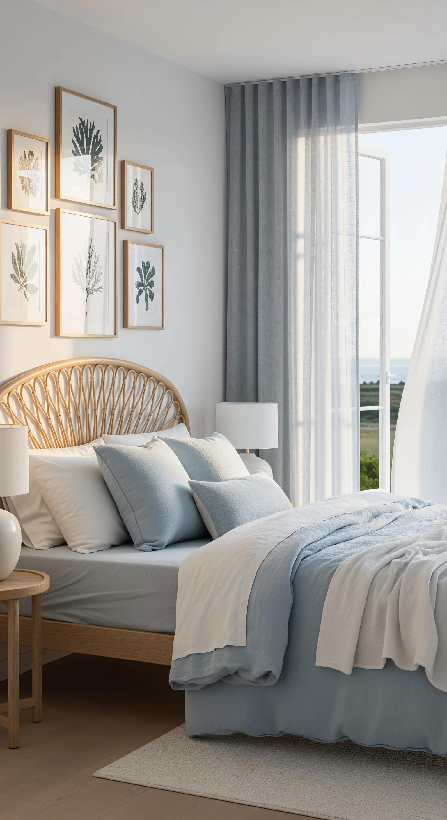 Schlafzimmer mit Rattan-Kopfteil, blauer Bettwäsche, botanischen Bildern, Meeresblick