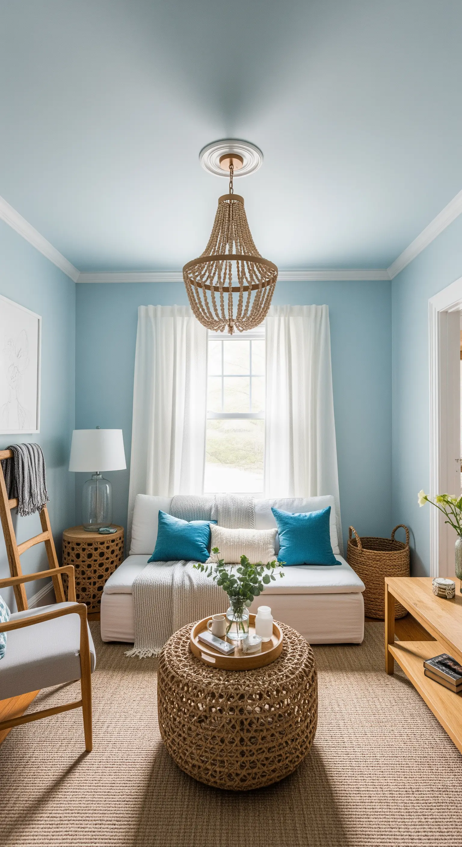 Kleines Wohnzimmer mit hellblauen Wänden, weißen Möbeln und Deko aus Rattan und Holz.