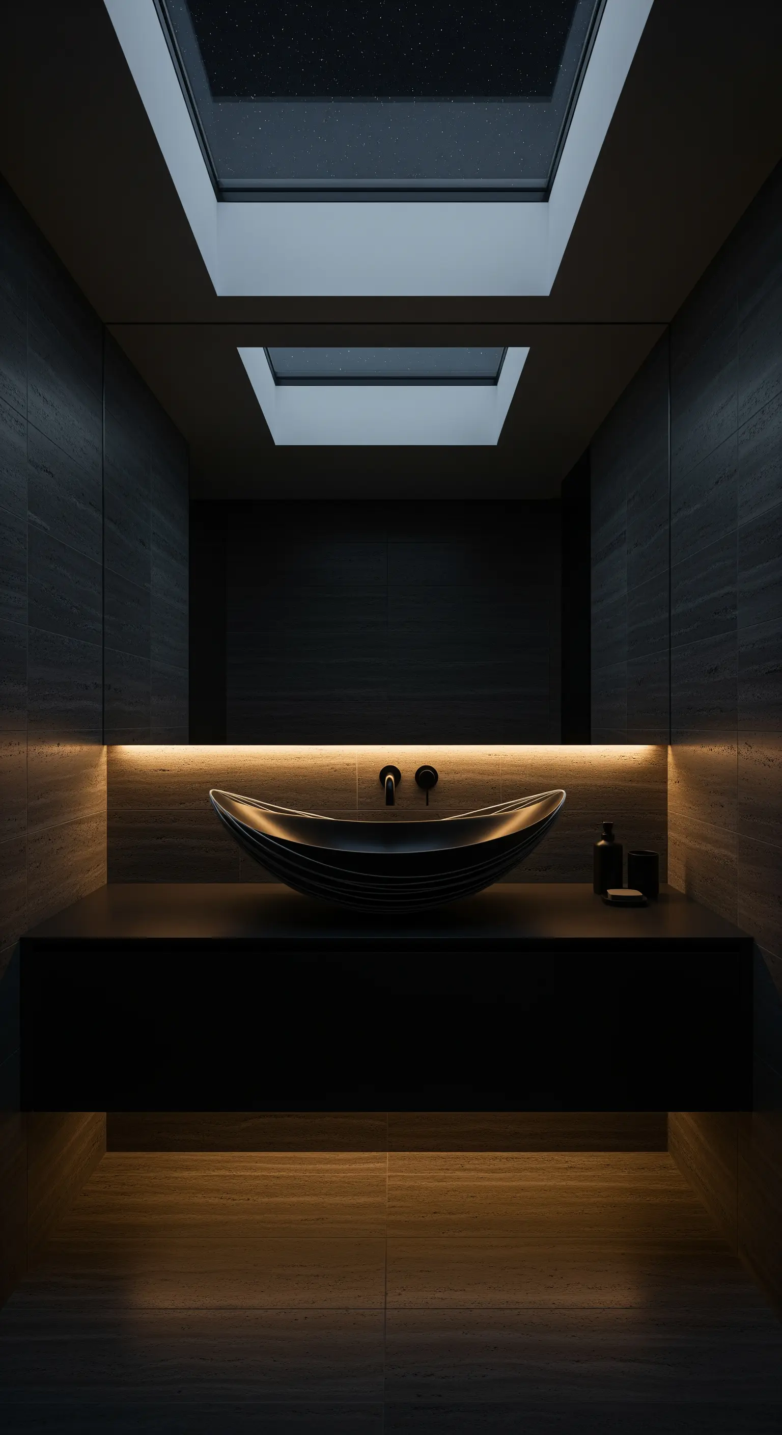 Schwebender schwarzer Marmorwaschtisch, Oberlichter, indirekte Goldbeleuchtung