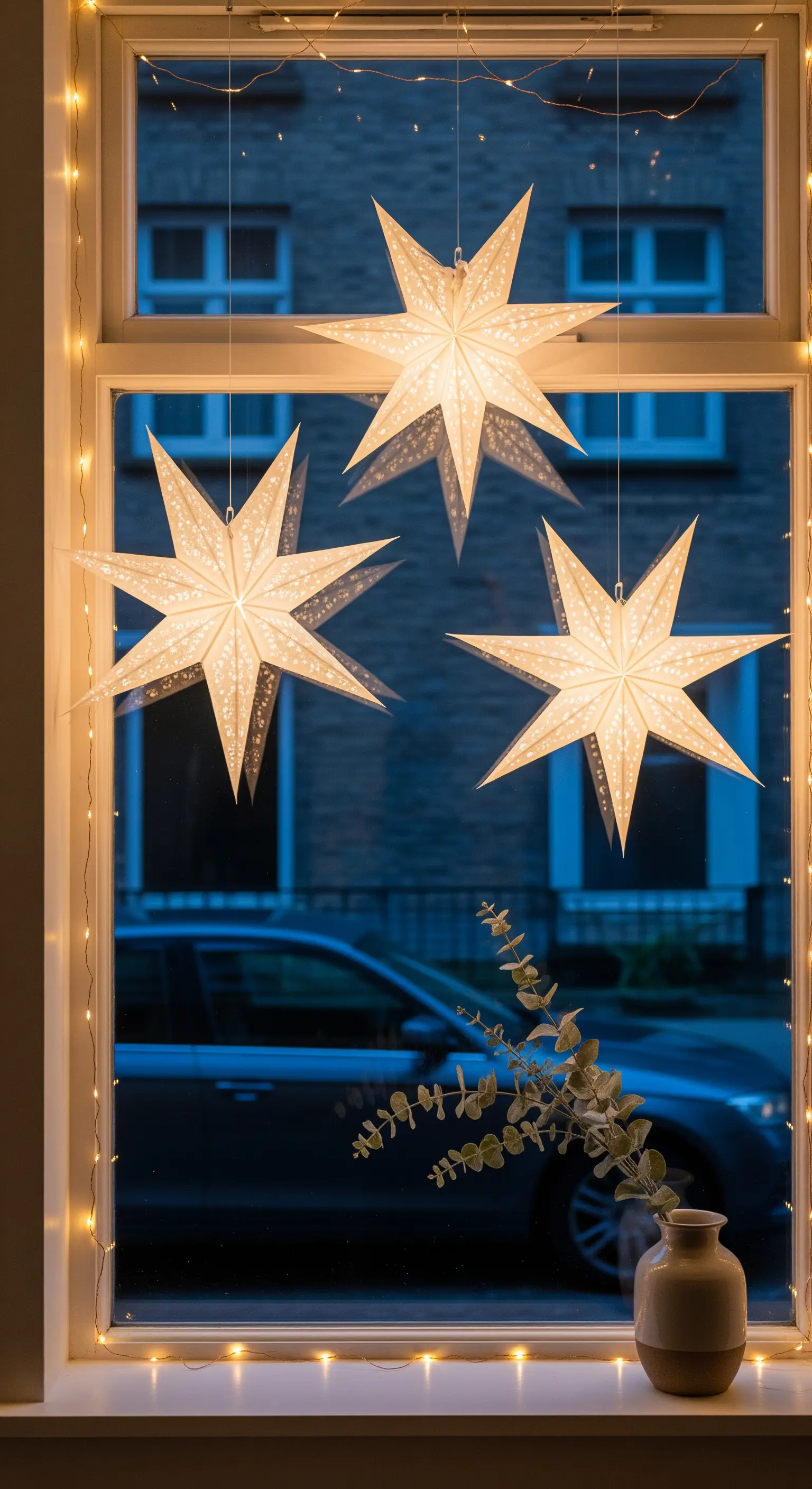 Drei leuchtende Papiersterne in verschiedenen Größen hängen im Fenster, umrahmt von Lichterketten