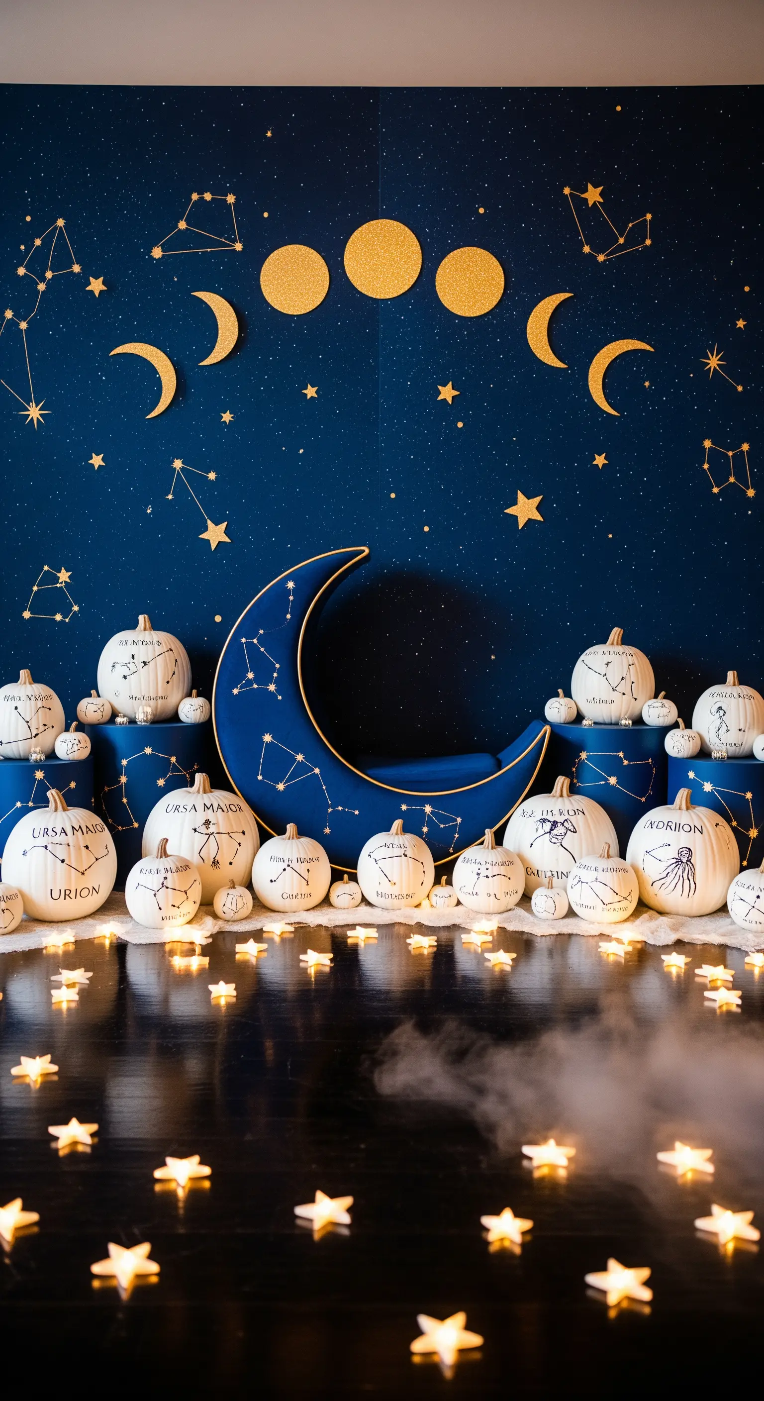 Sternenkonstellations-Deko mit blauem Mond, weißen Kürbissen und leuchtenden Sternen