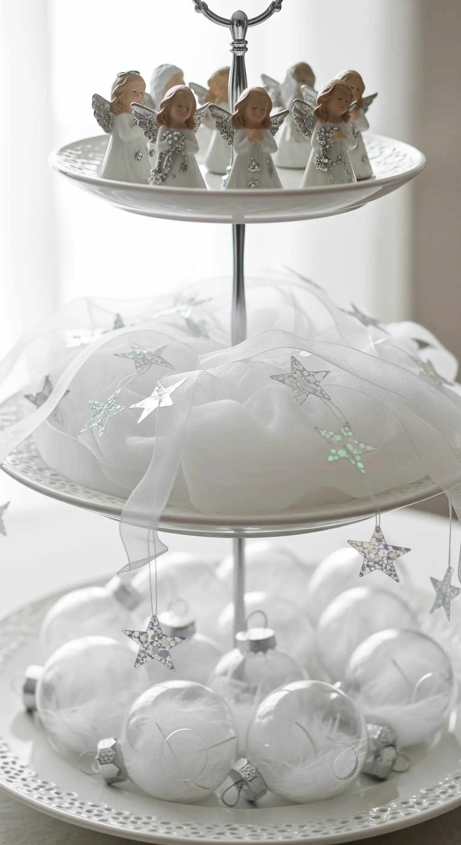 Weiße Etagere mit Engel-Figuren, Glaskugeln und transparentem Sternenband.