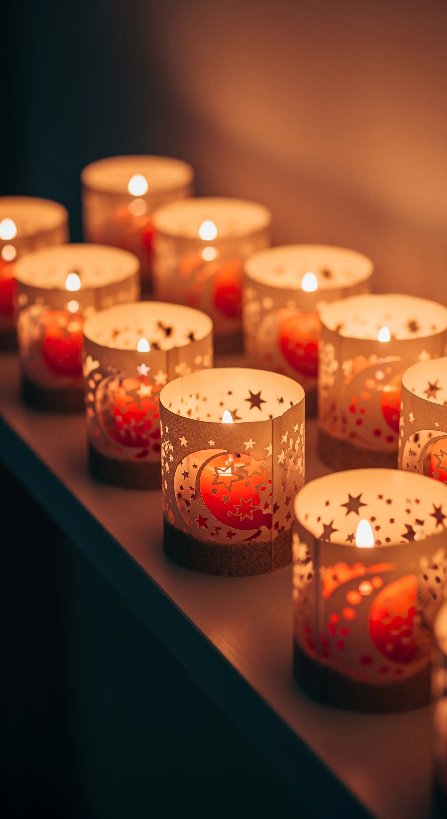 Teelichter in Gläsern, umhüllt von Papiermanschetten mit ausgestanzten Mond- und Sternenmotiven.