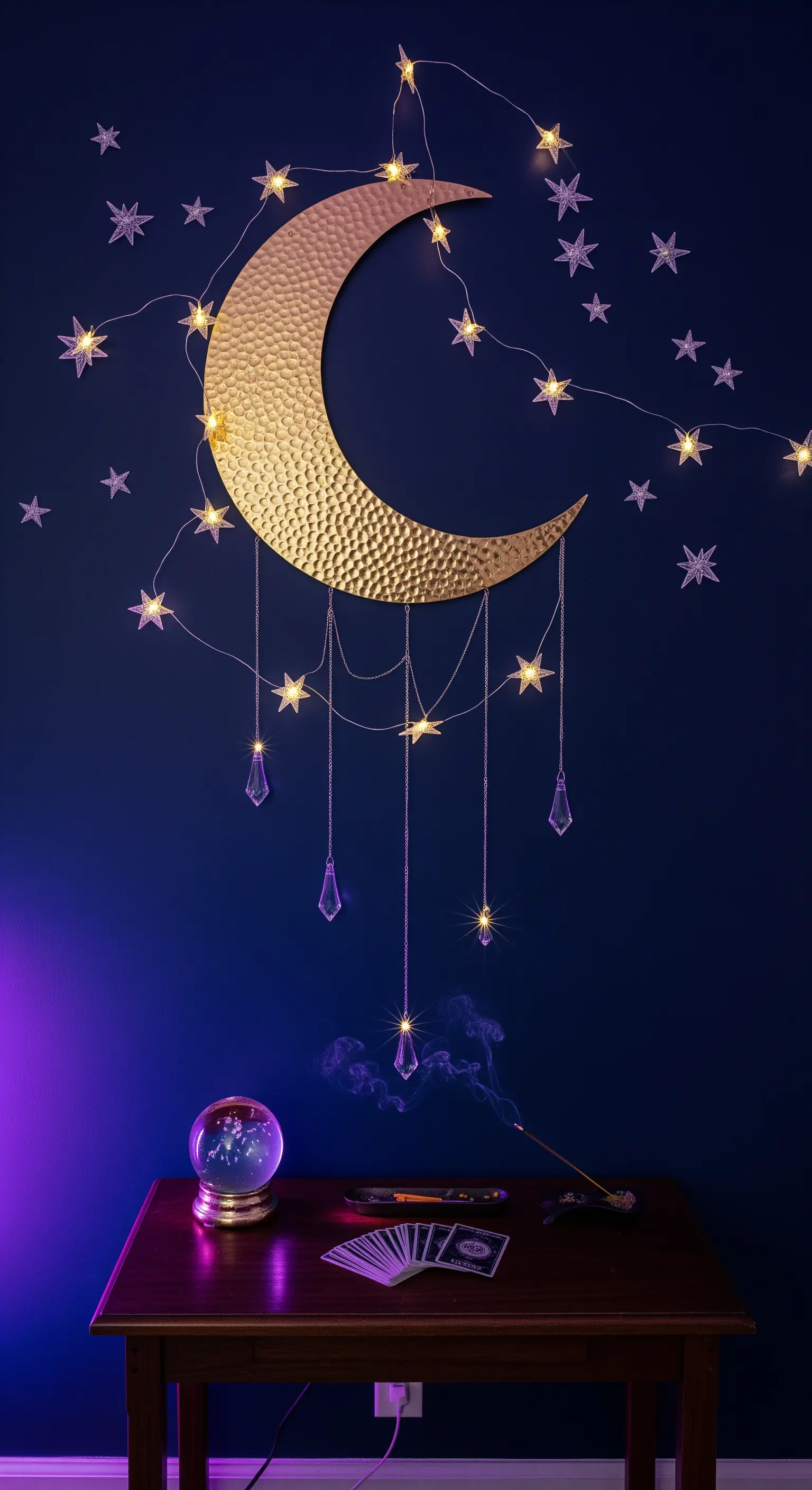 Goldener Mond mit Sternen und Lichterkette an einer dunkelblauen Wand.