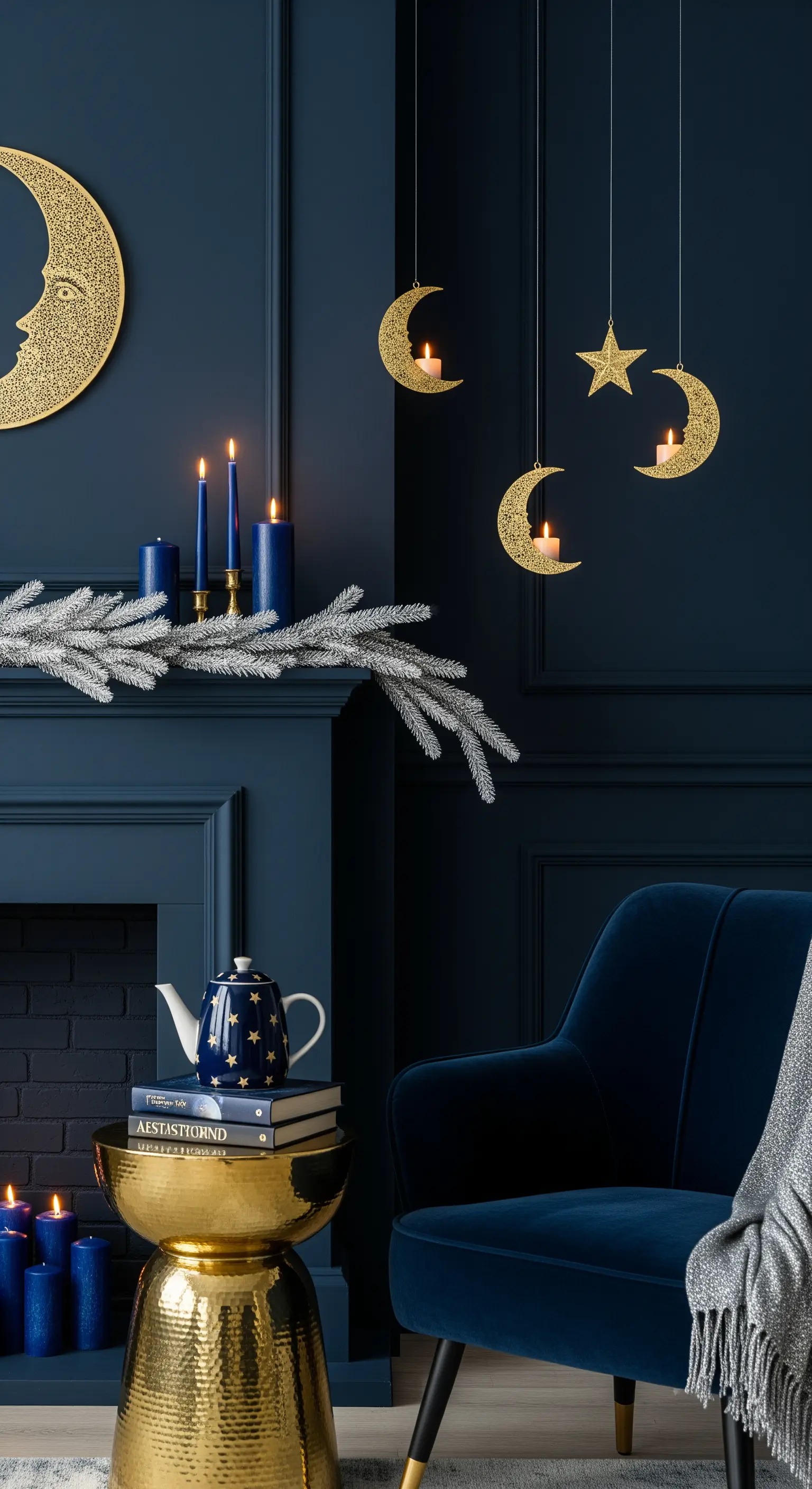 Dunkelblauer Raum, goldene Monde und Sterne, blaue Kerzen, silberne Girlande, himmlische Deko.