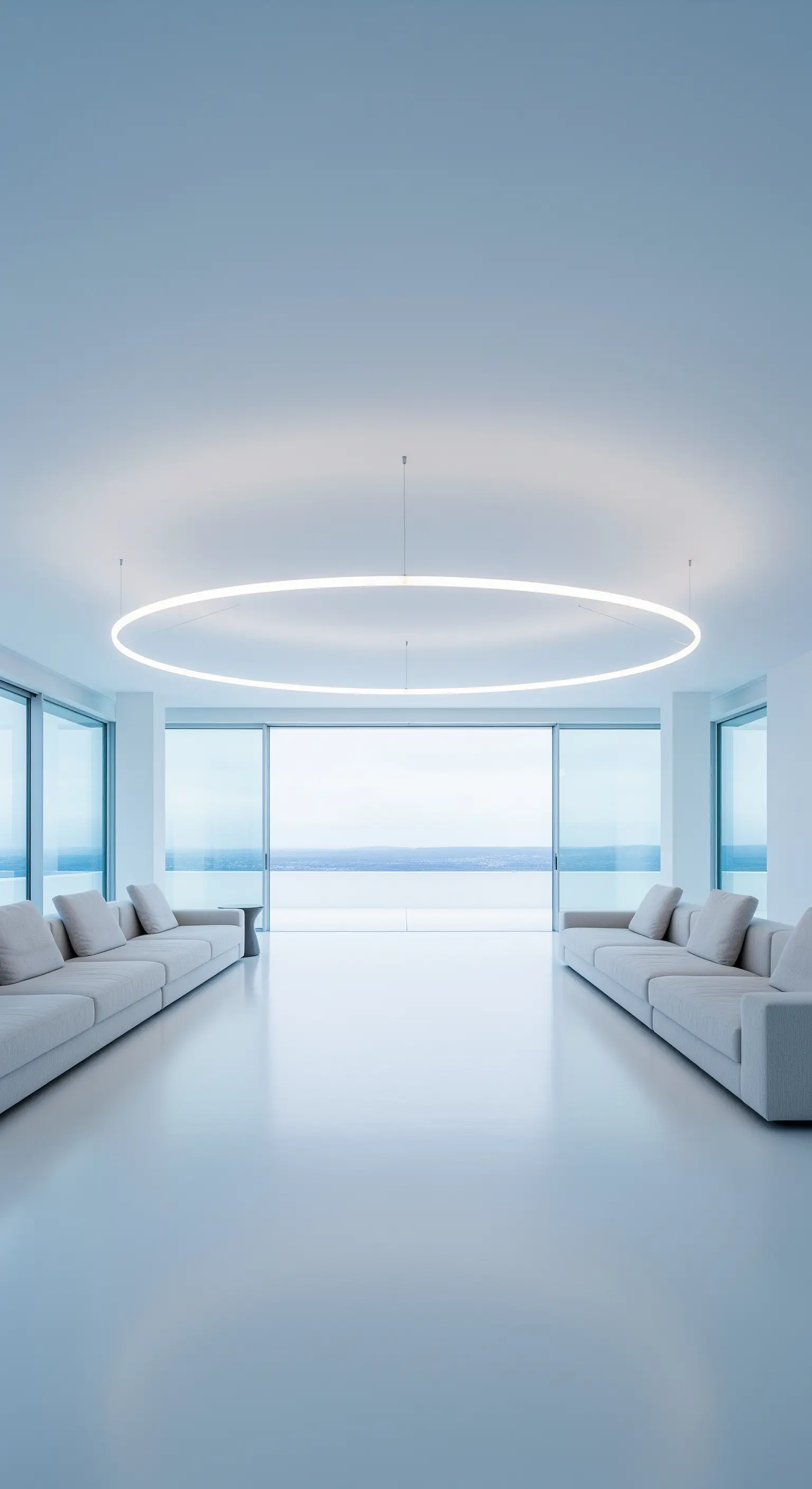 Großer, leuchtender LED-Ring als Kronleuchter in einem extrem minimalistischen, weißen Raum mit Meerblick.