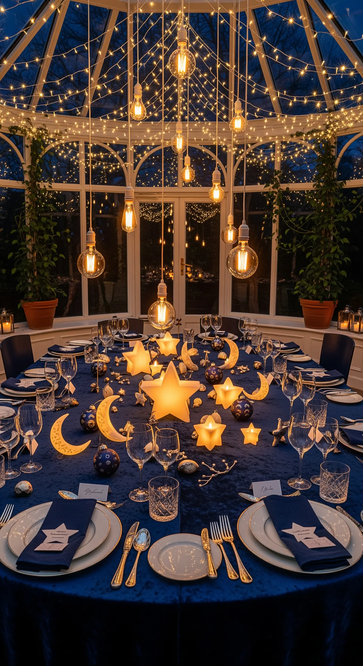 Tiefblauer Tisch mit leuchtenden Sternen und Monden, hängende Edison-Glühbirnen im Wintergarten.