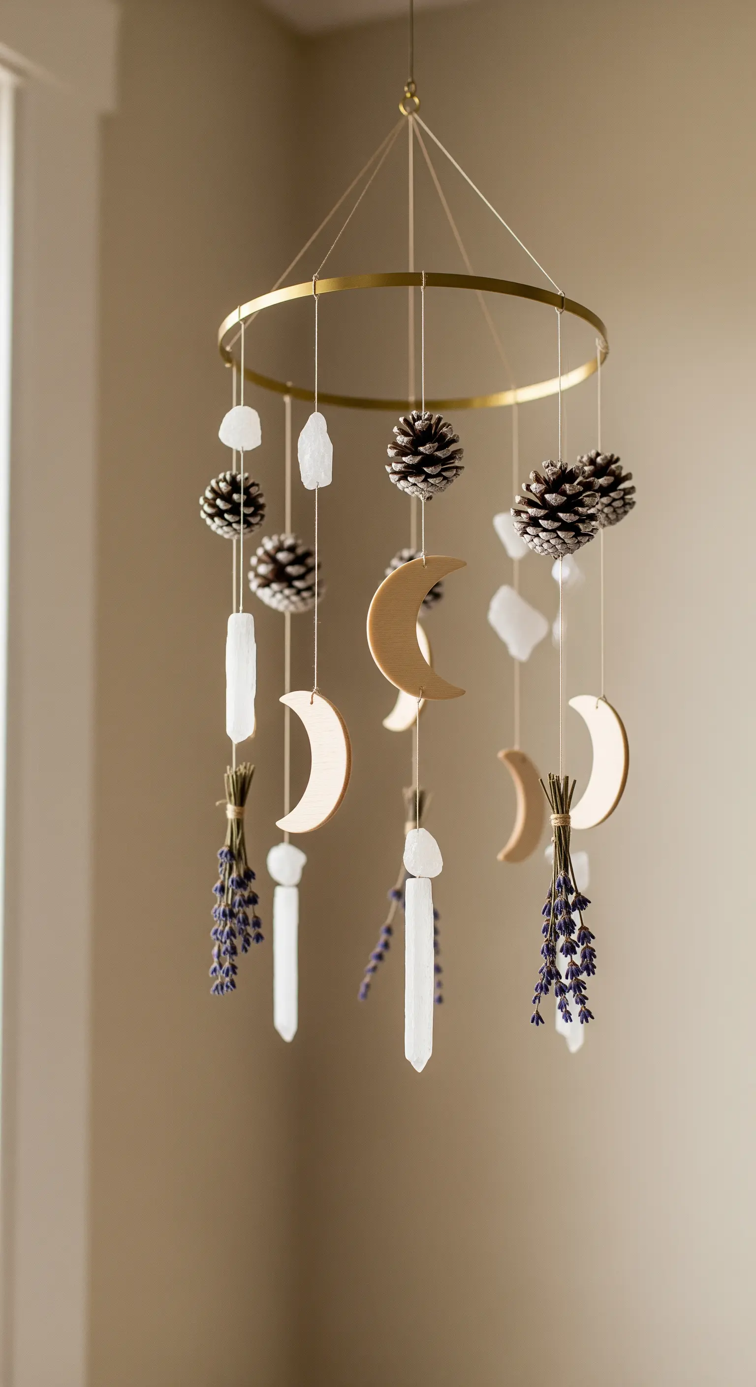 Boho-Mobile mit Monden, Kristallen, Lavendel und Tannenzapfen