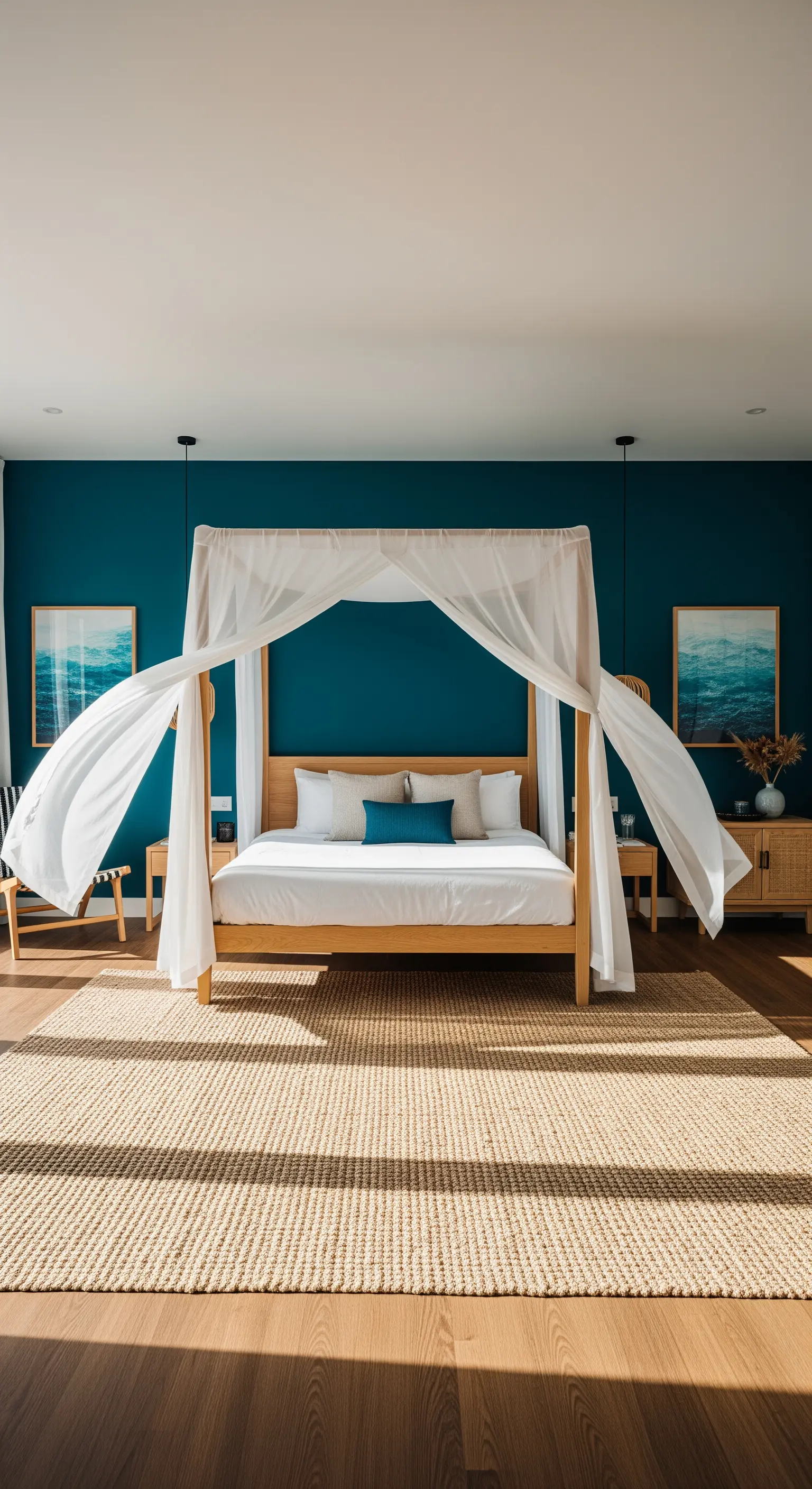 Schlafzimmer mit petrolfarbener Akzentwand, Himmelbett und Jute-Teppich