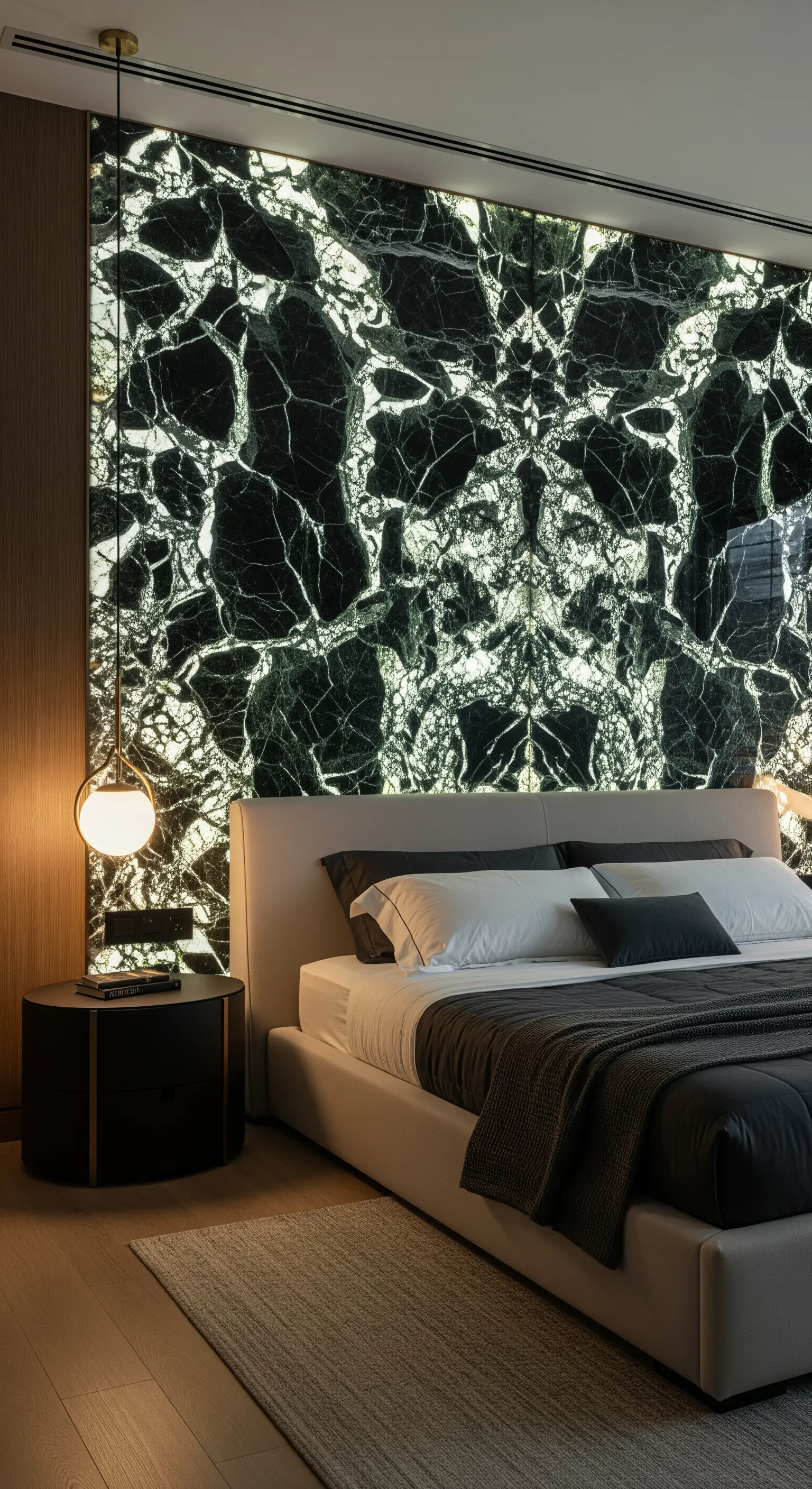 Schlafzimmer mit hinterleuchteter Marmorwand als Kopfteil des Bettes.