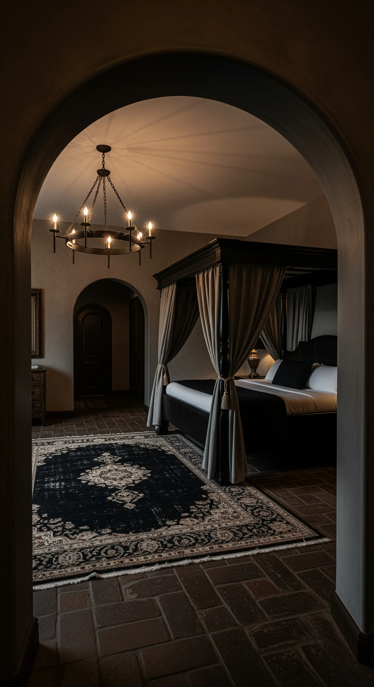 Himmelbett durch Bogen sichtbar, Orientteppich und Kronleuchter