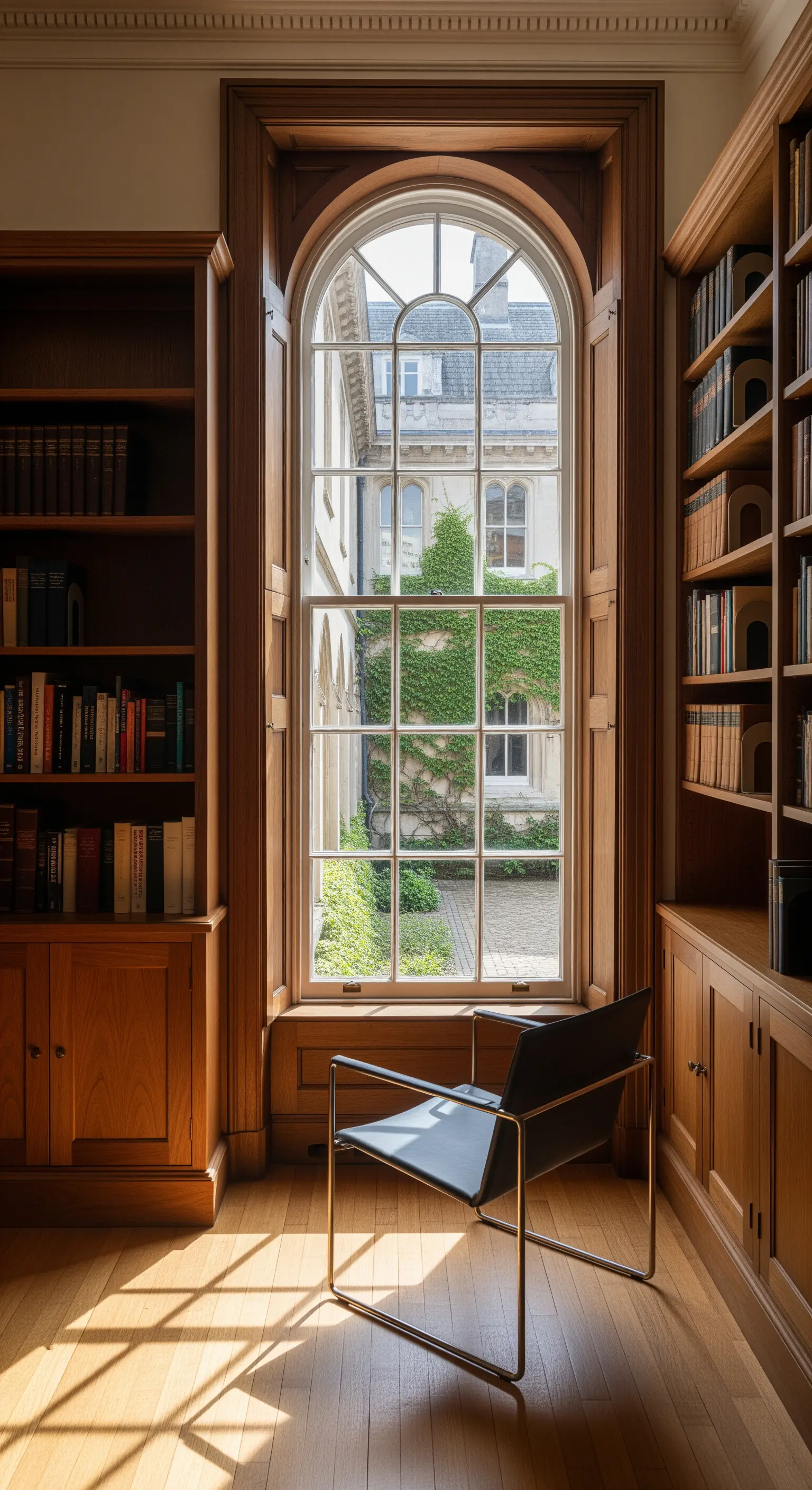 Ein klassisches Bogenfenster in einer holzvertäfelten Bibliothek mit einem modernen Stuhl davor.